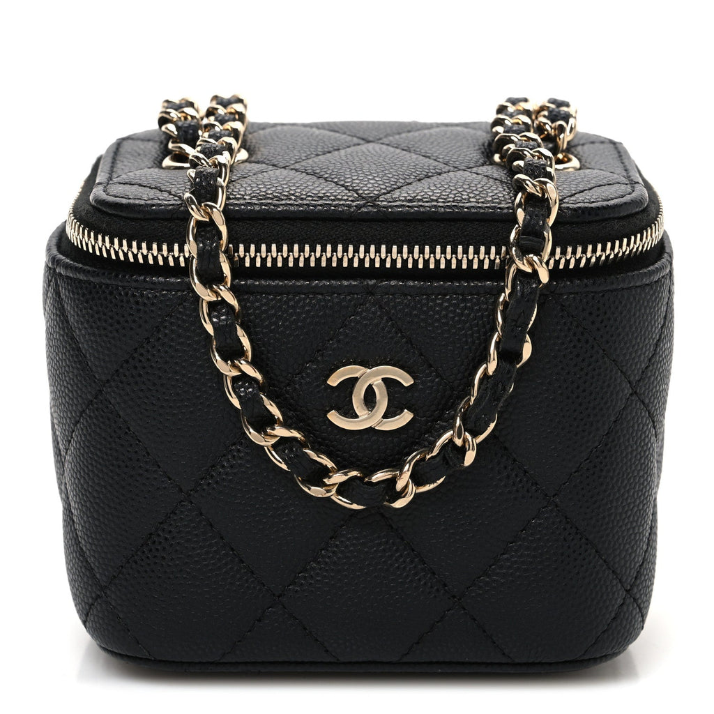 Caviar Quilted Mini Vanity Case With Chain Black
