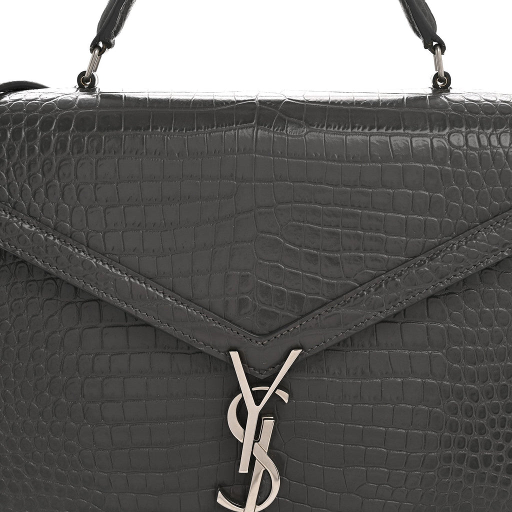Calfskin Crocodile Embossed Medium Classic Monogram Cassandra Top Handle Fog