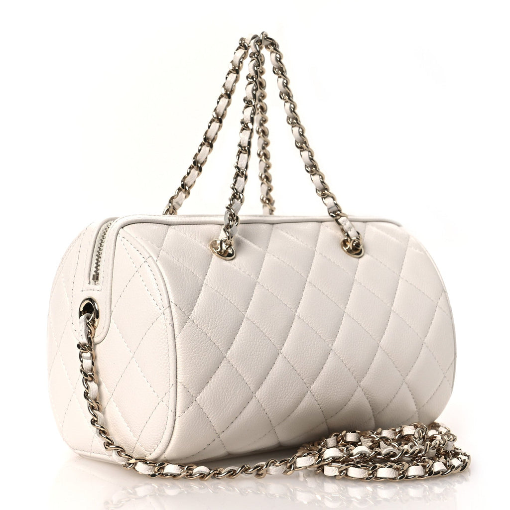 Caviar Quilted Barrel Clutch With Chain White