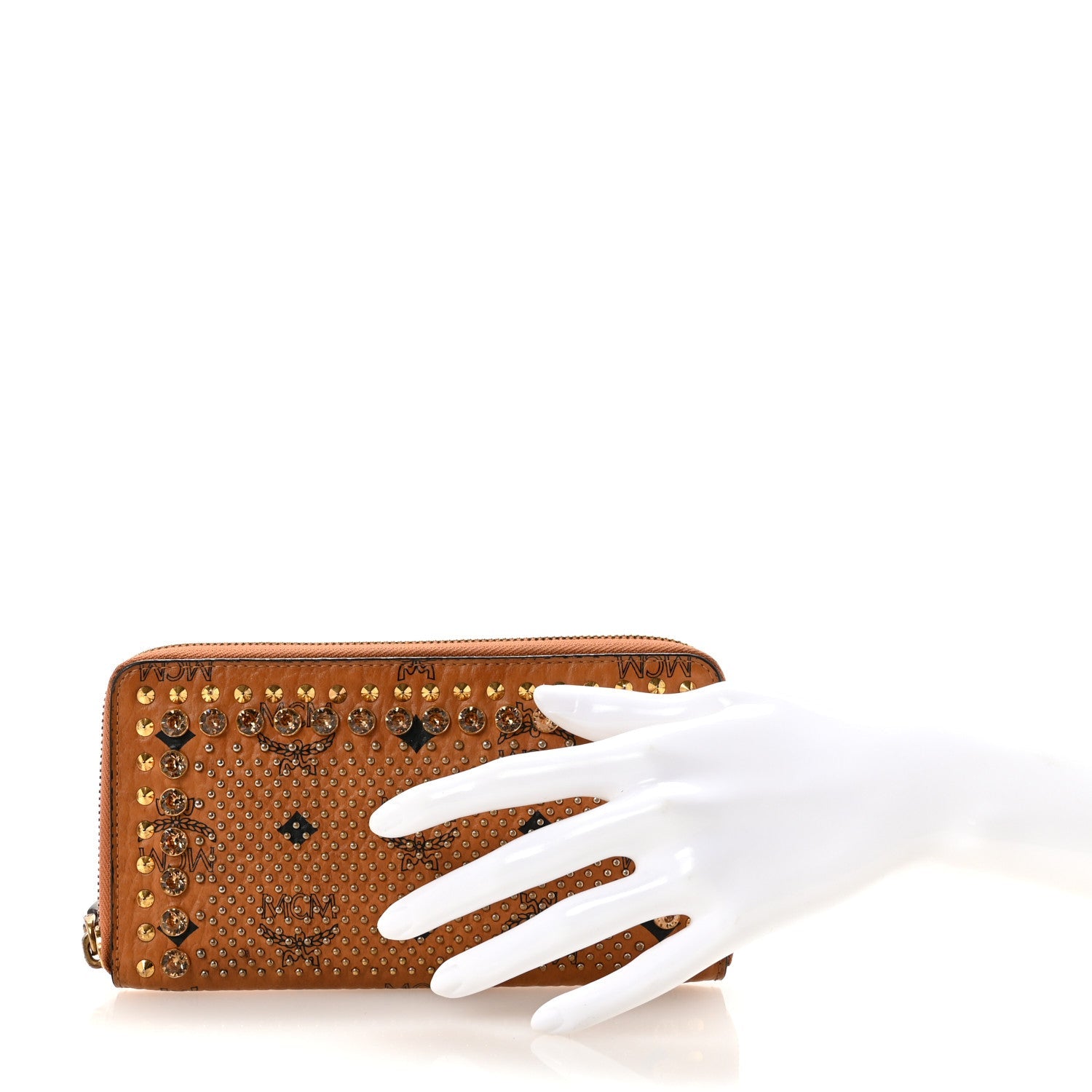 Visetos Studded Crystal Zip Around Wallet Cognac