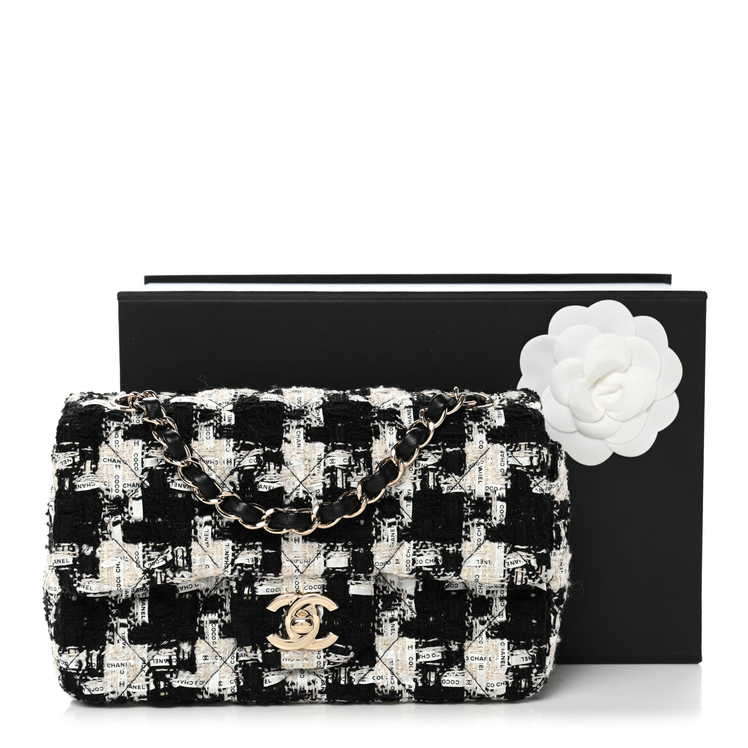 Tweed Quilted Mini Rectangular Flap Black Ecru White