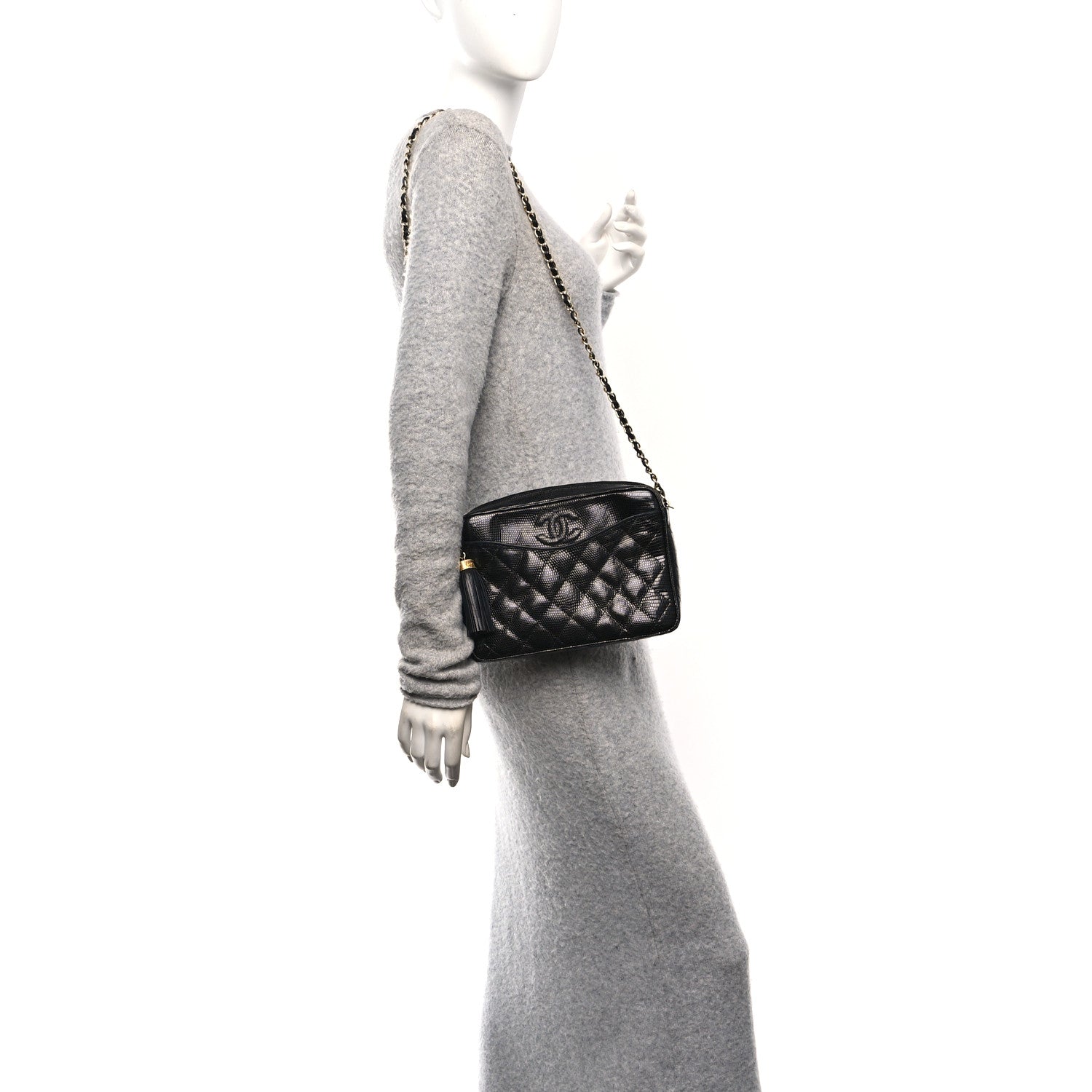Lizard Quilted Small Tassel Camera Case Black