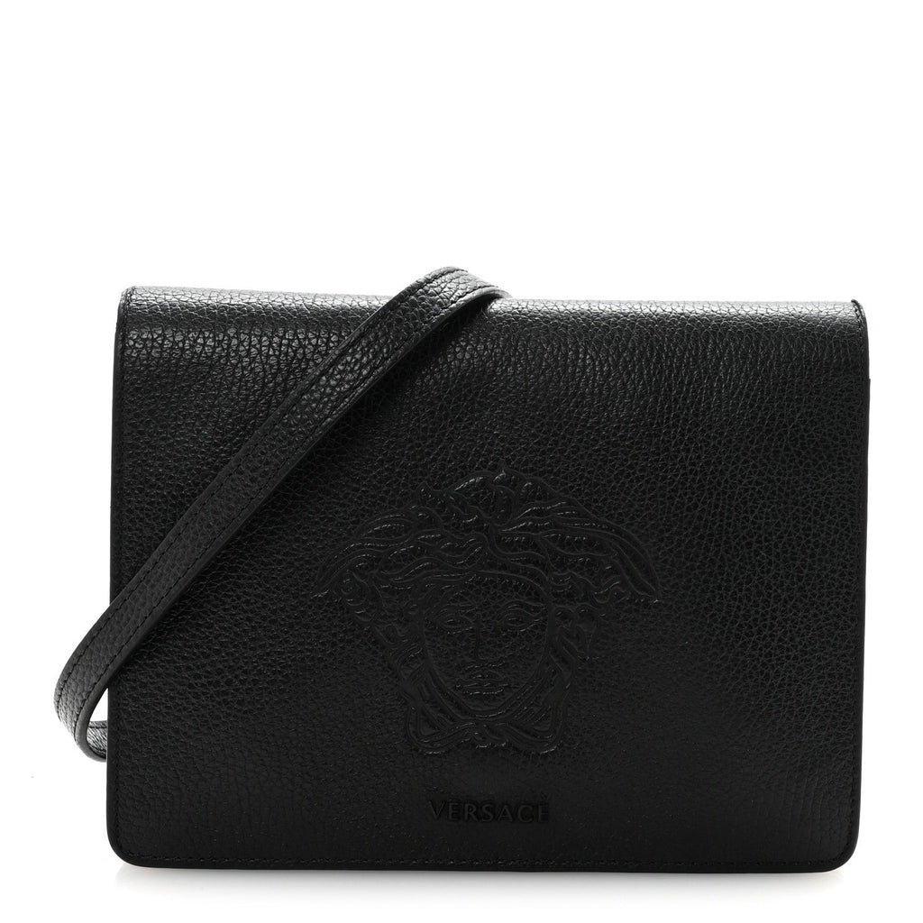 Grained Calfskin Embossed Medusa Flap Bag Black