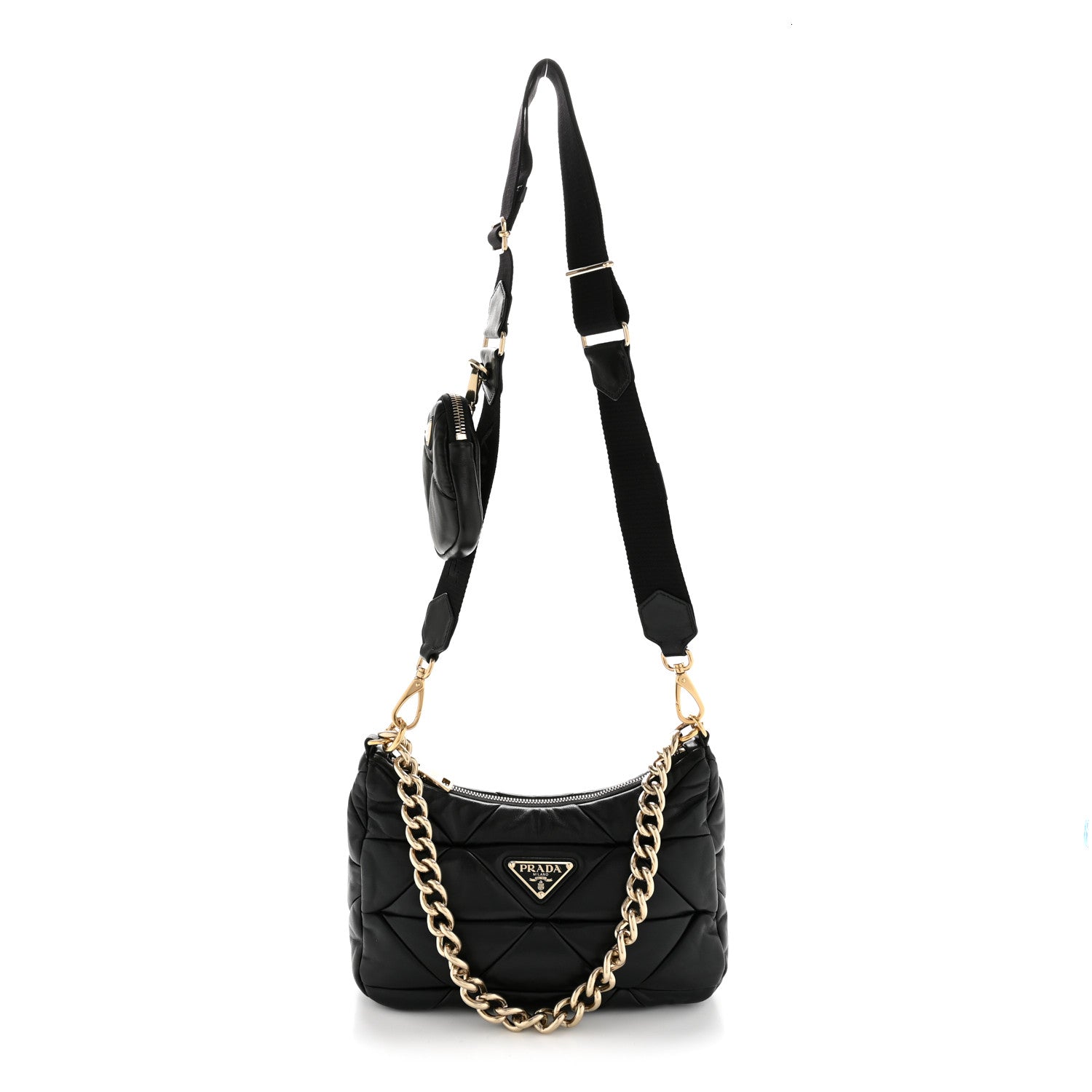 Nappa Re-Nylon Triangle Quilted Patchwork System Shoulder Bag Black