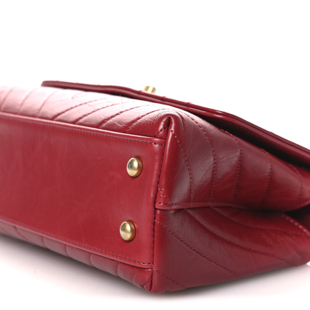 Aged Calfskin Chevron Quilted Mini Coco Handle Flap Red