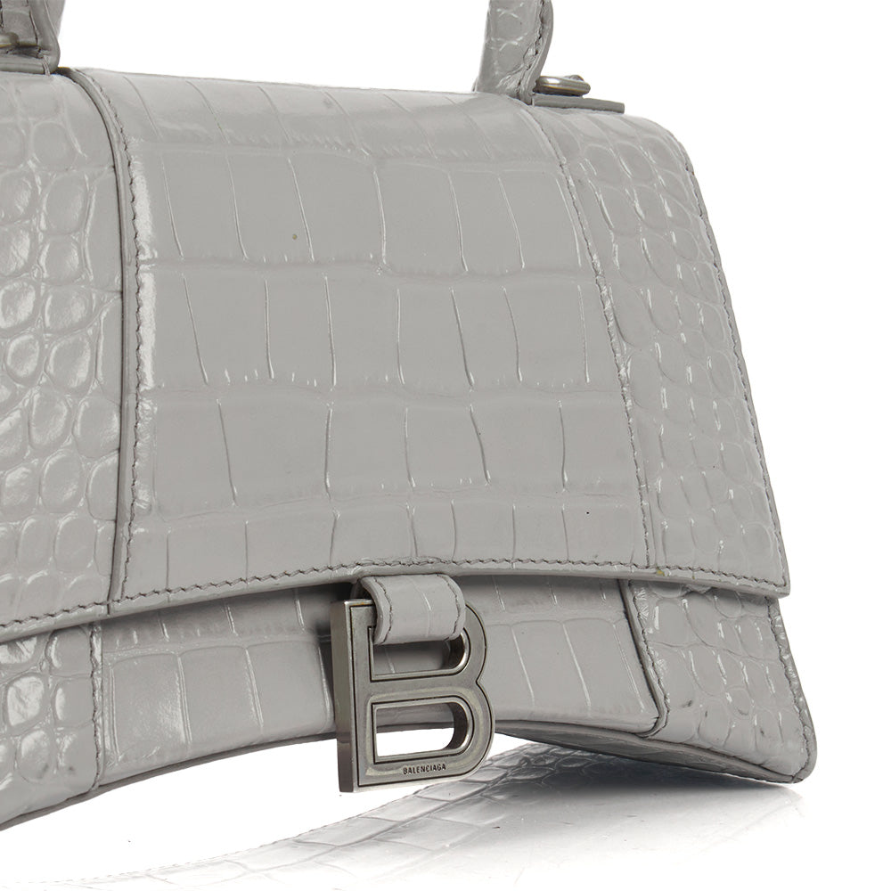 Balenciaga Top Handle Hourglass Top Handle Small in Grey, Exotic Effect Leather