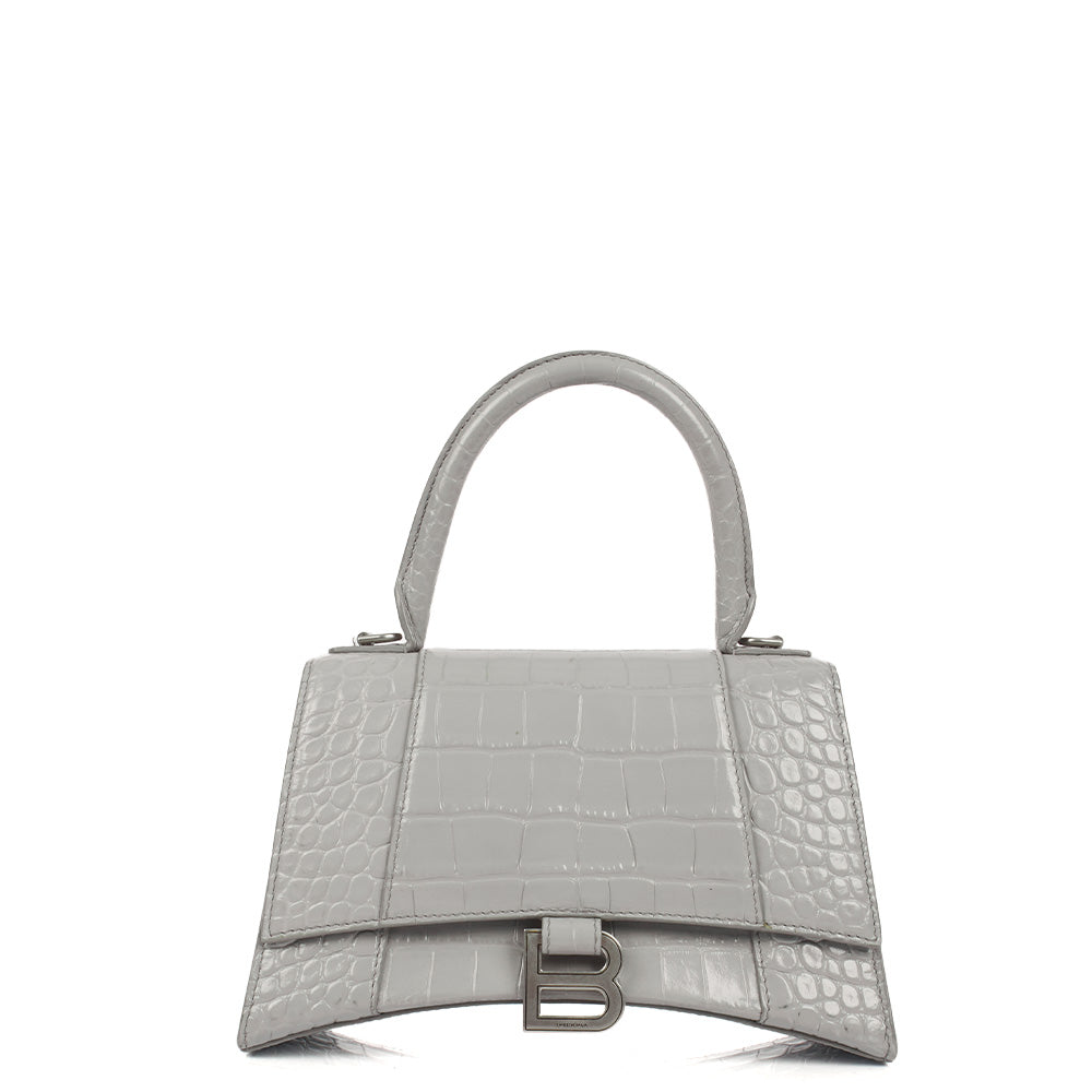 Balenciaga Top Handle Hourglass Top Handle Small in Grey, Exotic Effect Leather