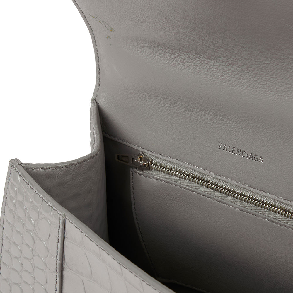 Balenciaga Top Handle Hourglass Top Handle Small in Grey, Exotic Effect Leather
