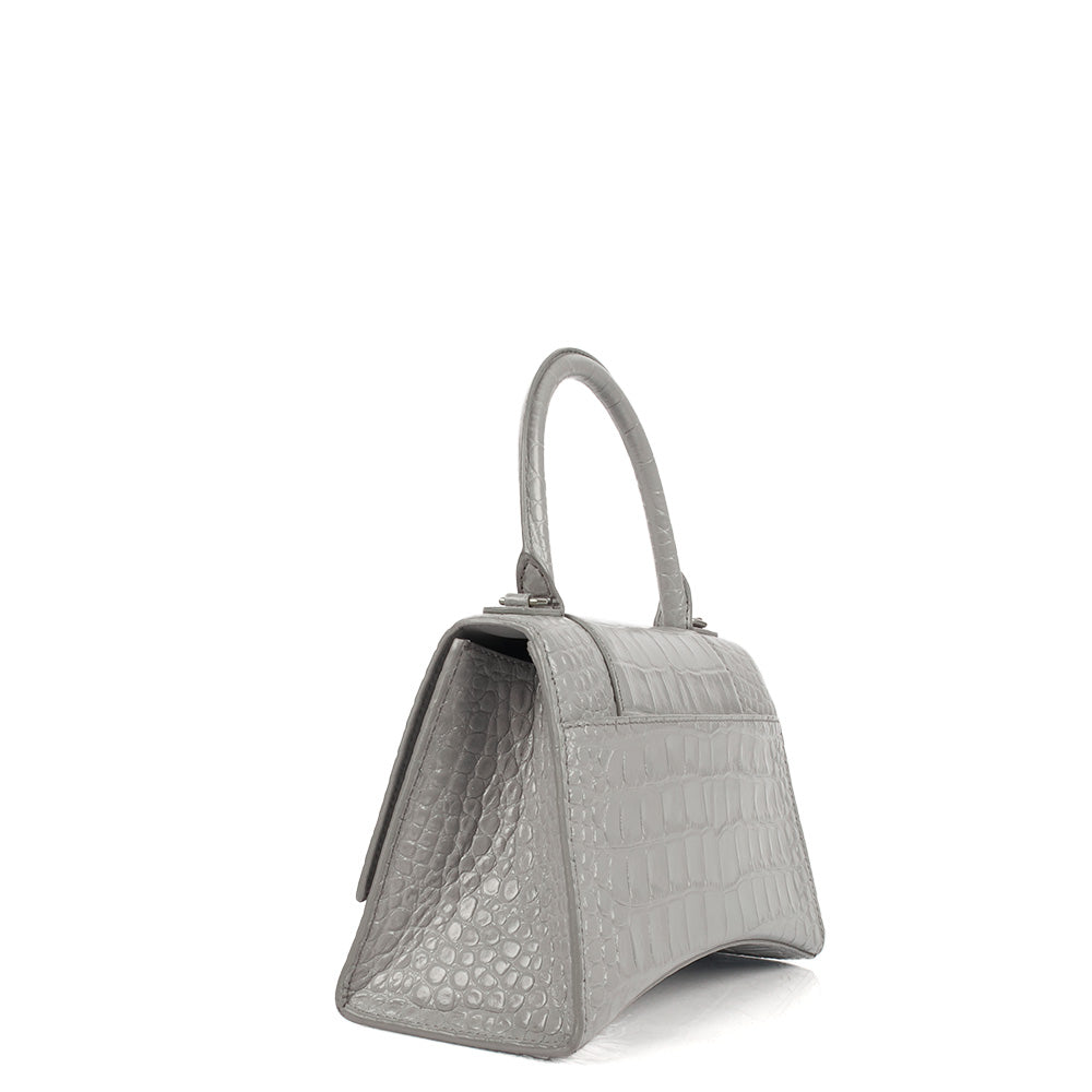 Balenciaga Top Handle Hourglass Top Handle Small in Grey, Exotic Effect Leather