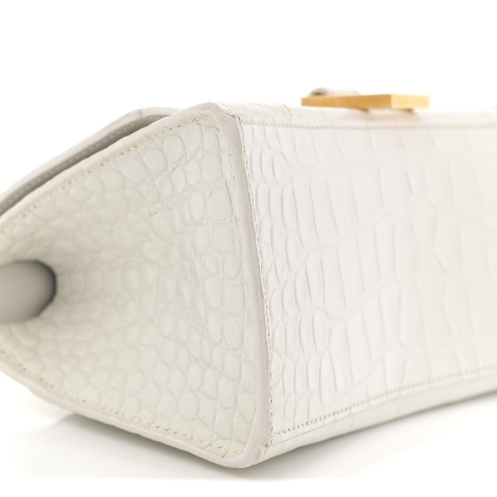 Calfskin Crocodile Embossed Small Hourglass Top Handle Bag White