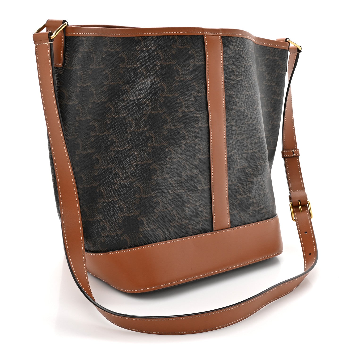 Triomphe Canvas Calfskin Medium Bucket Bag Tan