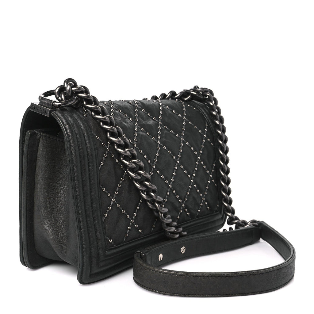 Crumpled Lambskin Medium Studded Boy Flap Black
