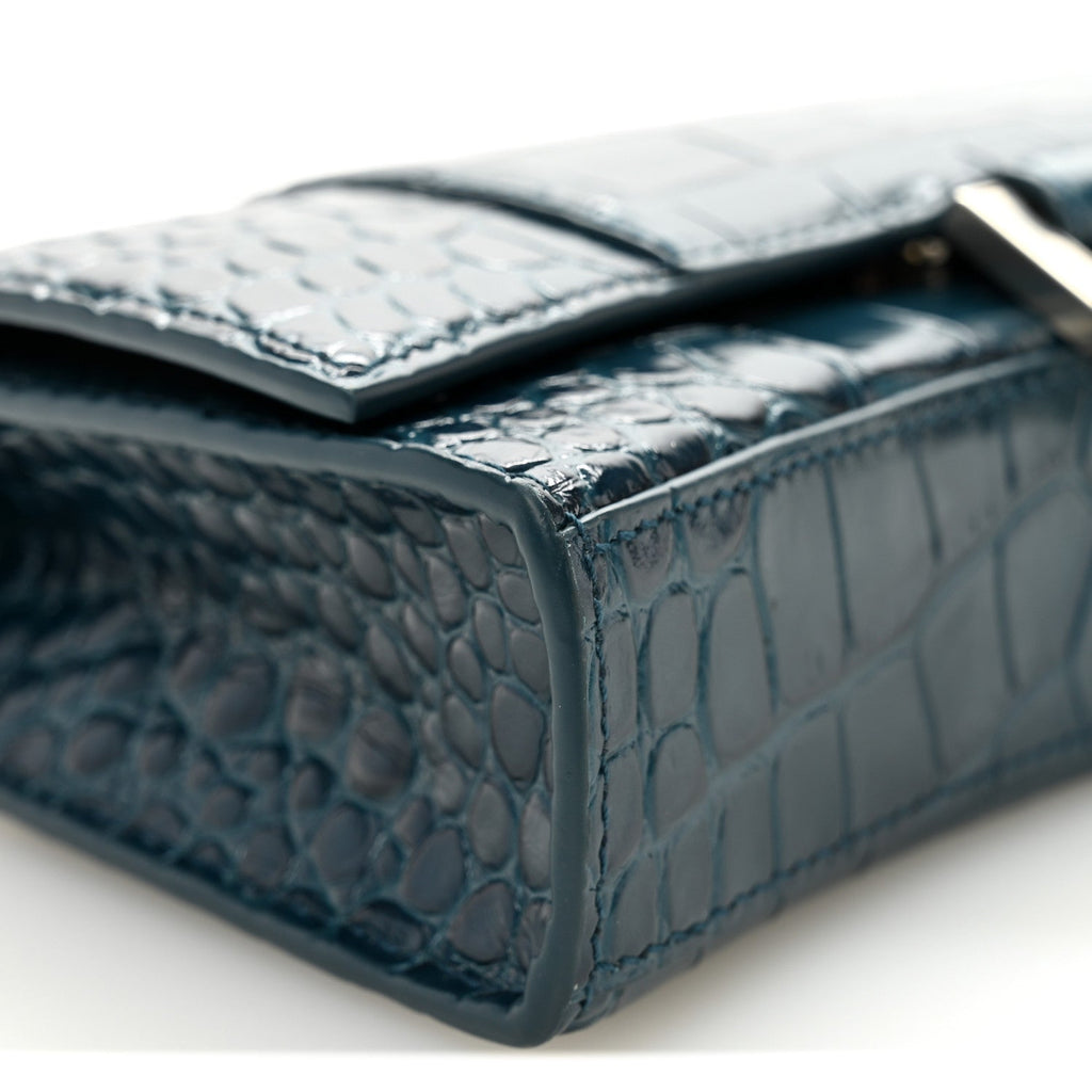Shiny Calfskin Crocodile Embossed Hourglass Chain Bag Dark Petrol Blue