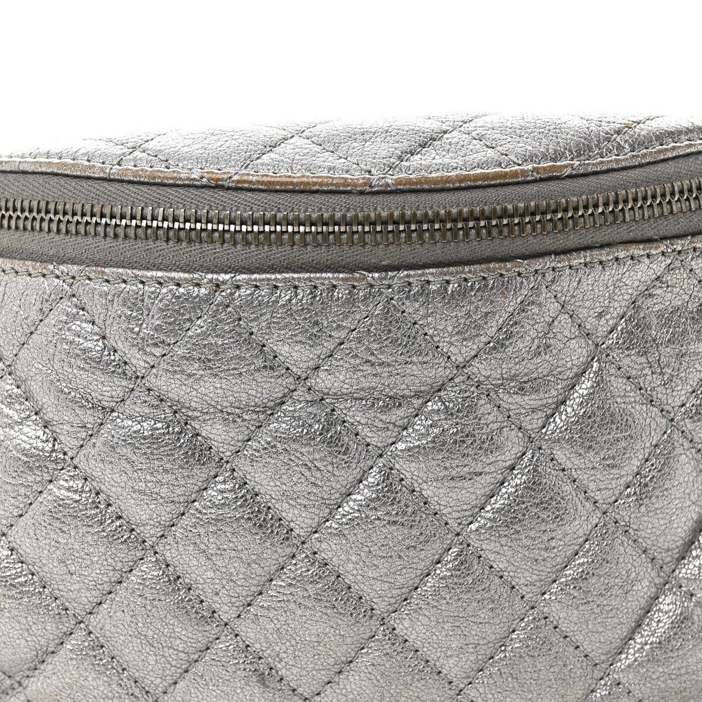 Metallic Calfskin Quilted Banane Waist Bag Fanny Pack Dark Silver
