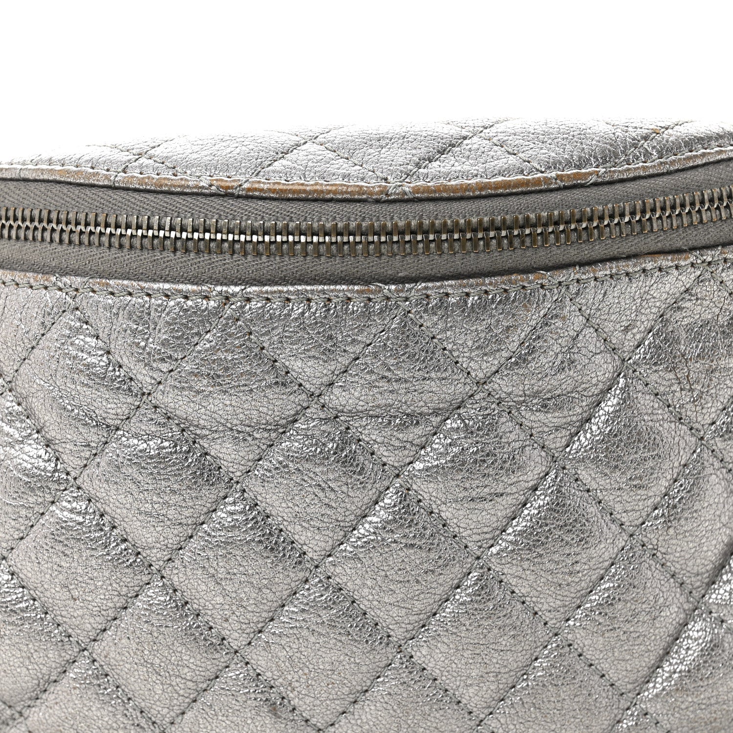 Metallic Calfskin Quilted Banane Waist Bag Fanny Pack Dark Silver