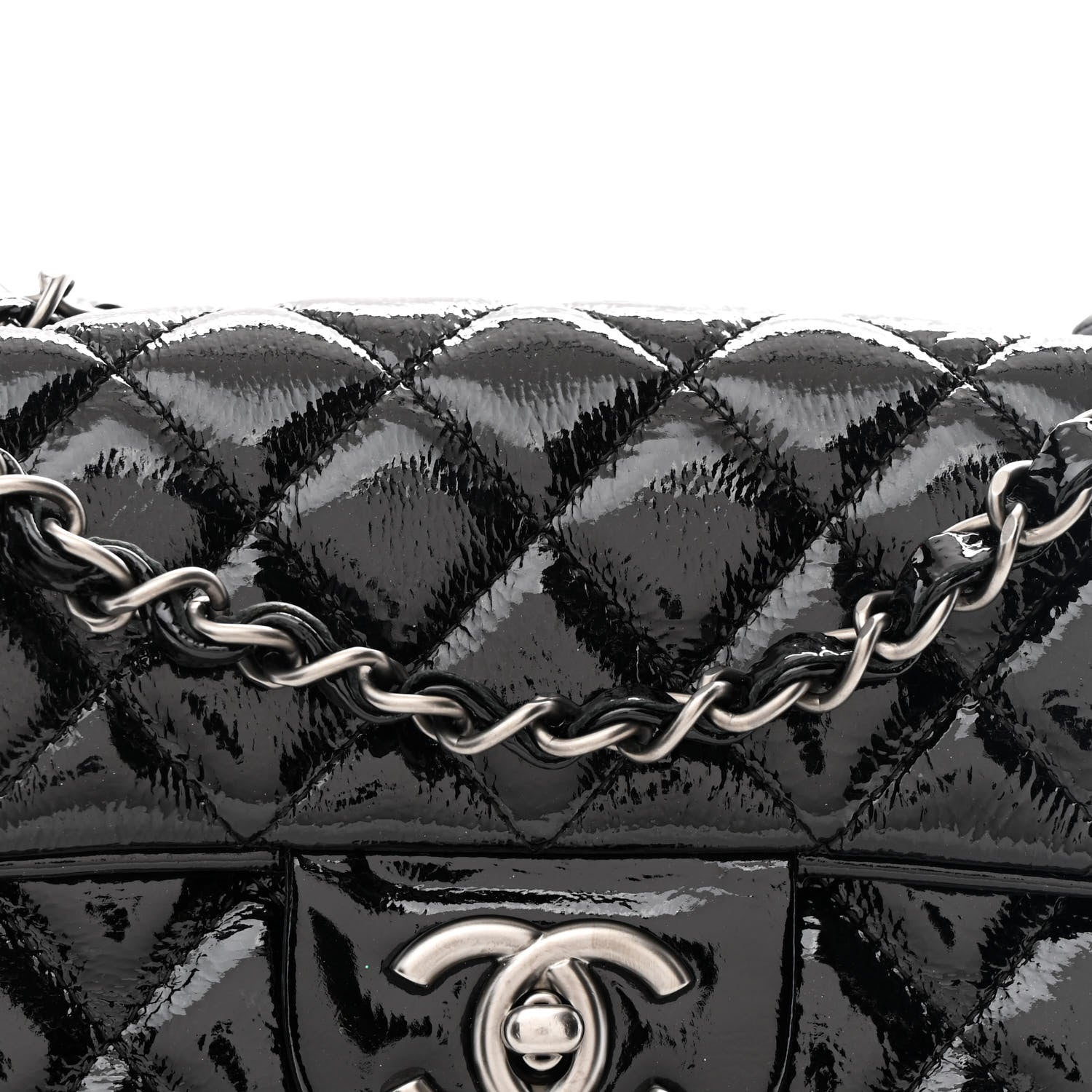 Crinkled Patent Quilted East West Flap Black