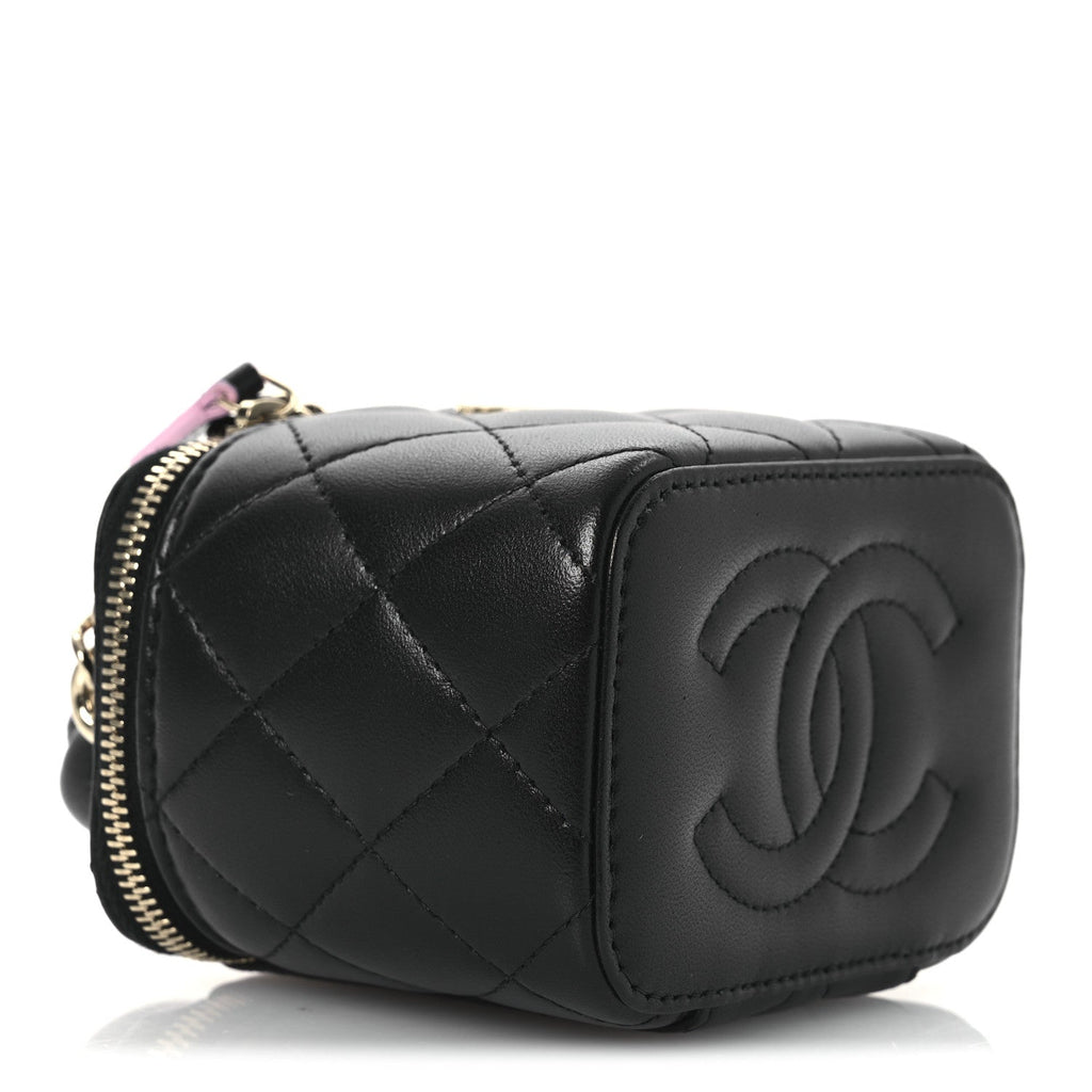 Lambskin Quilted Top Handle Mini Vanity Case With Chain Black Pink