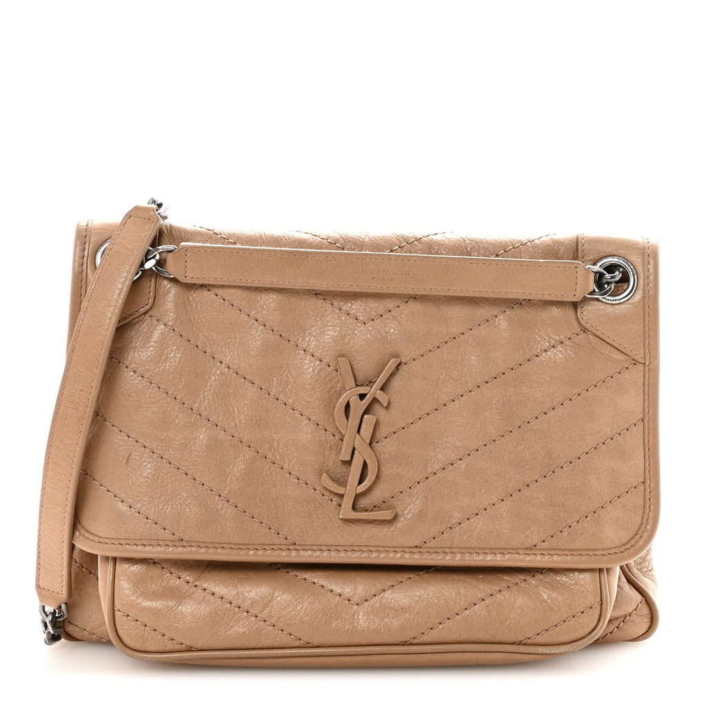 Crinkled Calfskin Matelasse Monogram Medium Niki Chain Satchel Light Taupe