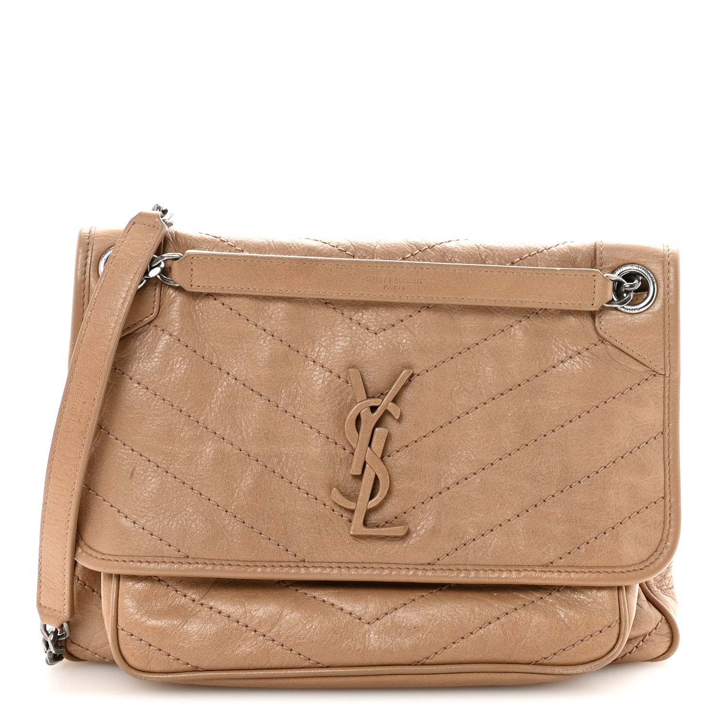 Crinkled Calfskin Matelasse Monogram Medium Niki Chain Satchel Light Taupe