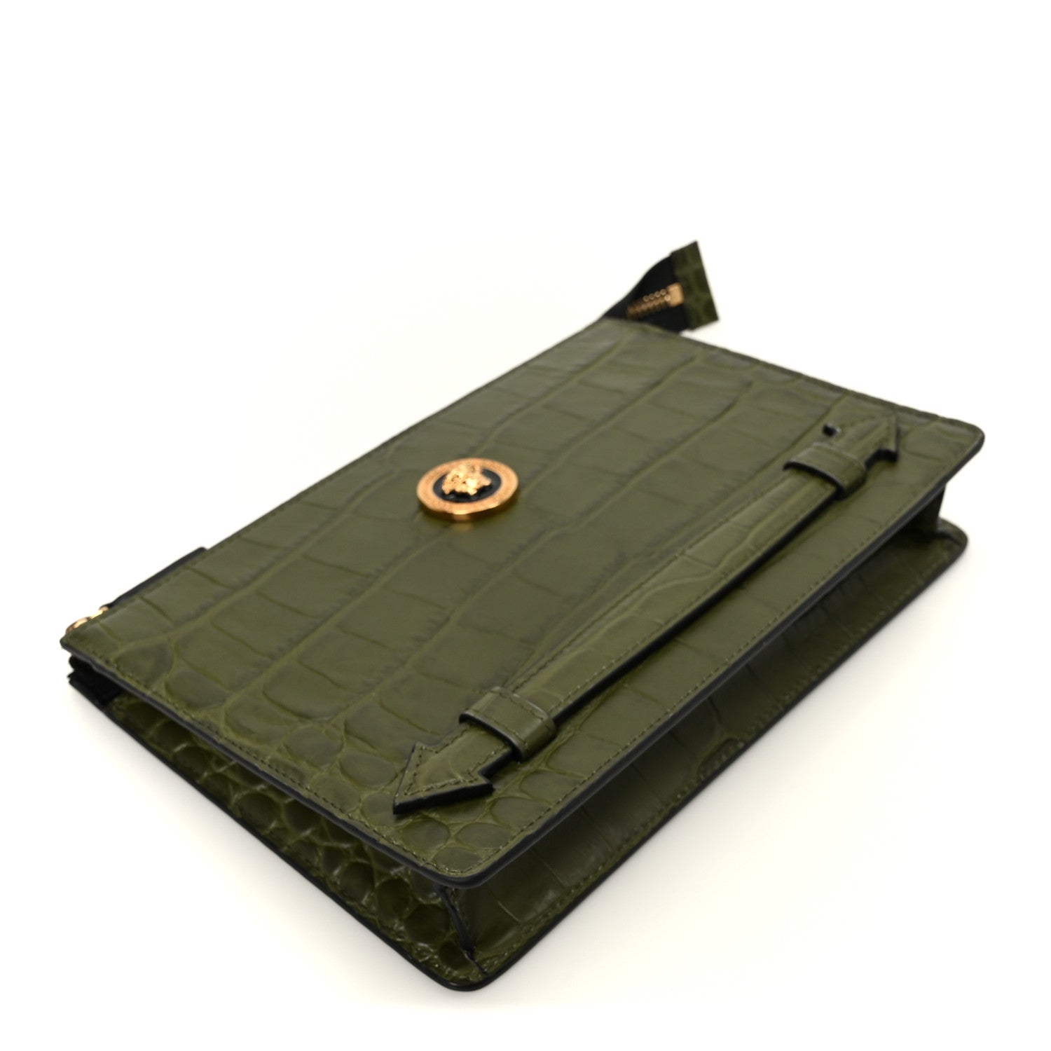 Calfskin Crocodile Embossed La Medusa Pouch Dark Olive