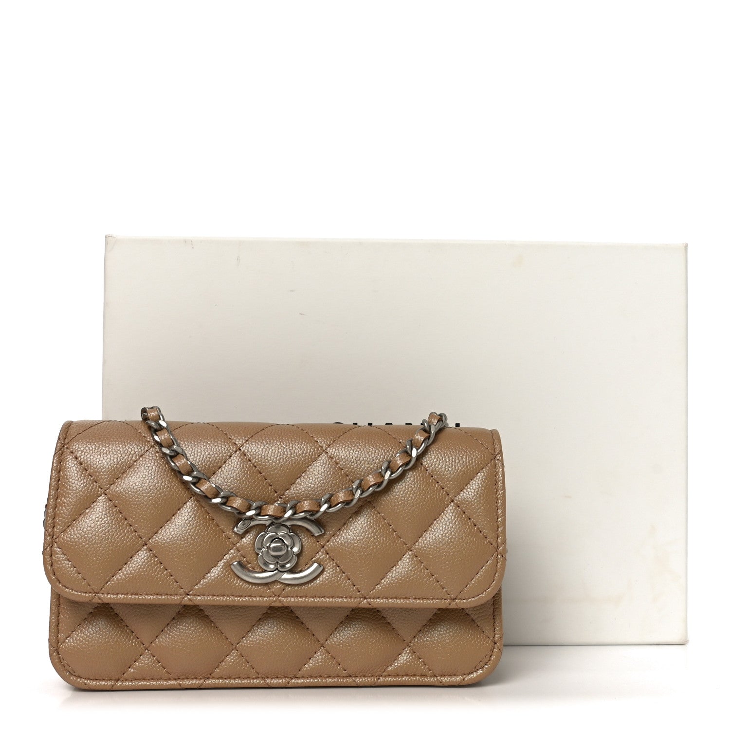 Iridescent Caviar Quilted Camellia Phone Holder With Chain Beige