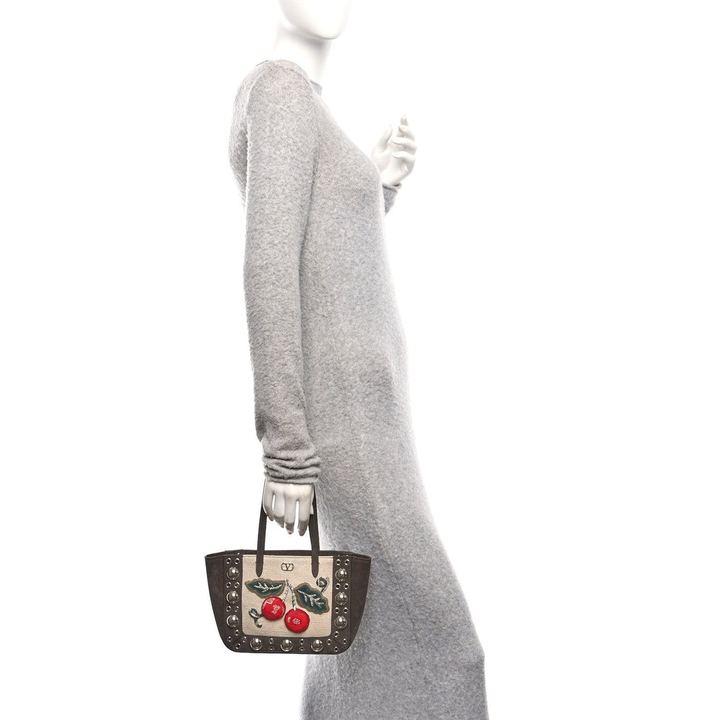 Suede Raffia Woven Studded Embroidered Cherryfic Mini Nellcote Shopping Tote Brown Multicolor