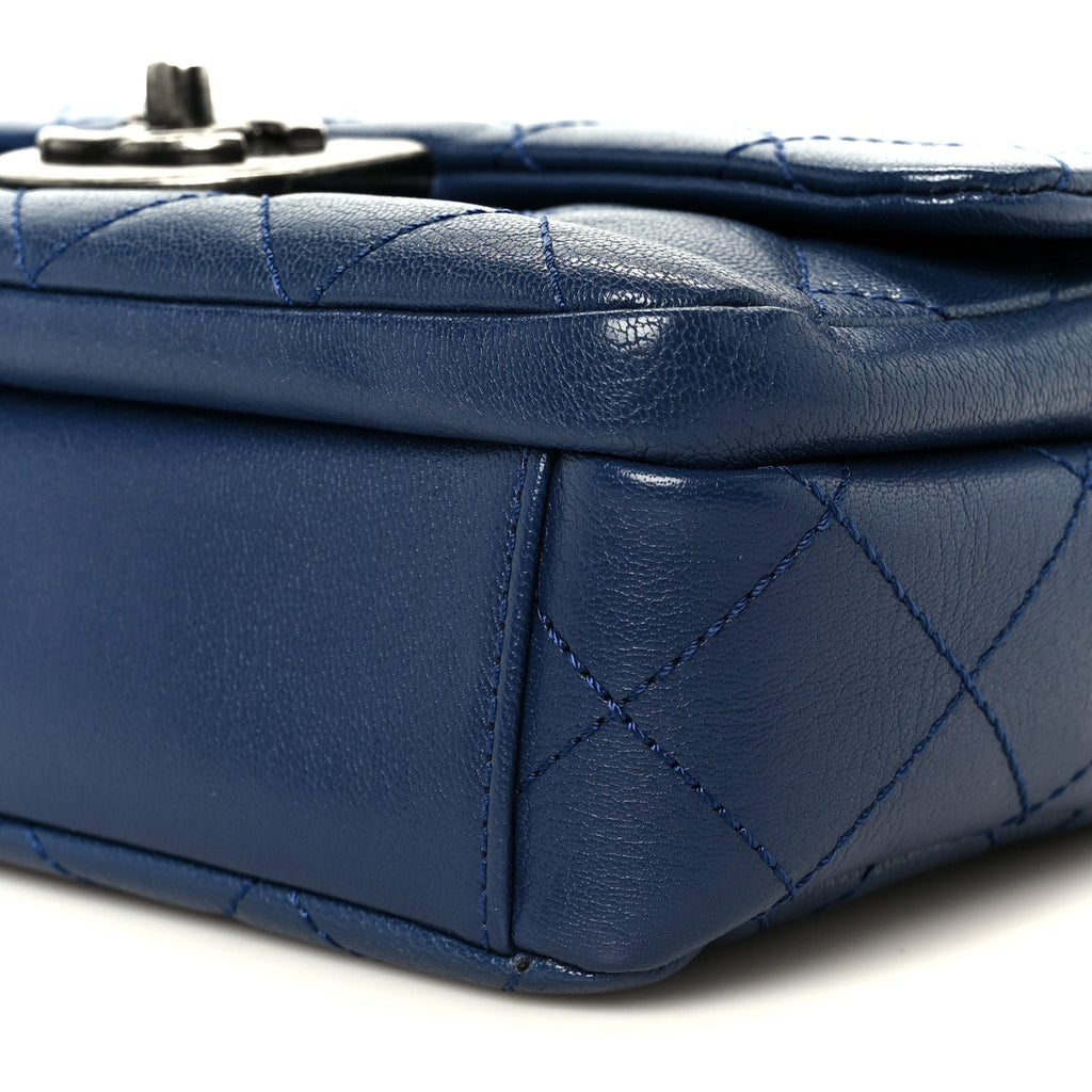 Shiny Goatskin Quilted Small Double Carry Waist Chain Flap Blue