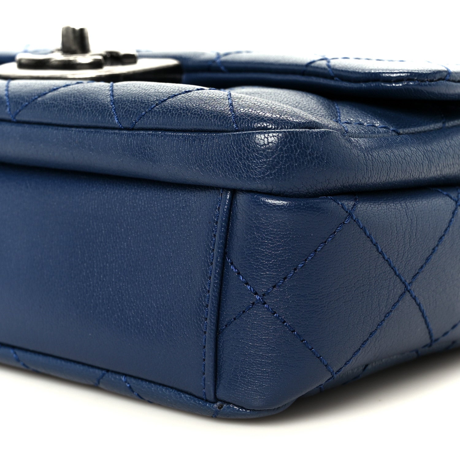 Shiny Goatskin Quilted Small Double Carry Waist Chain Flap Blue