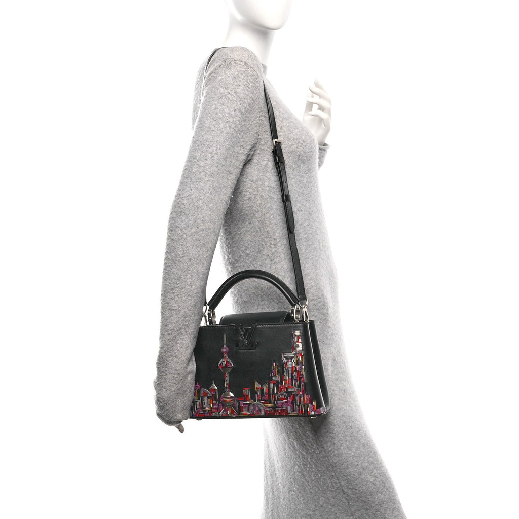 Calfskin Karung Beaded Shanghai Skyline Capucines BB Black