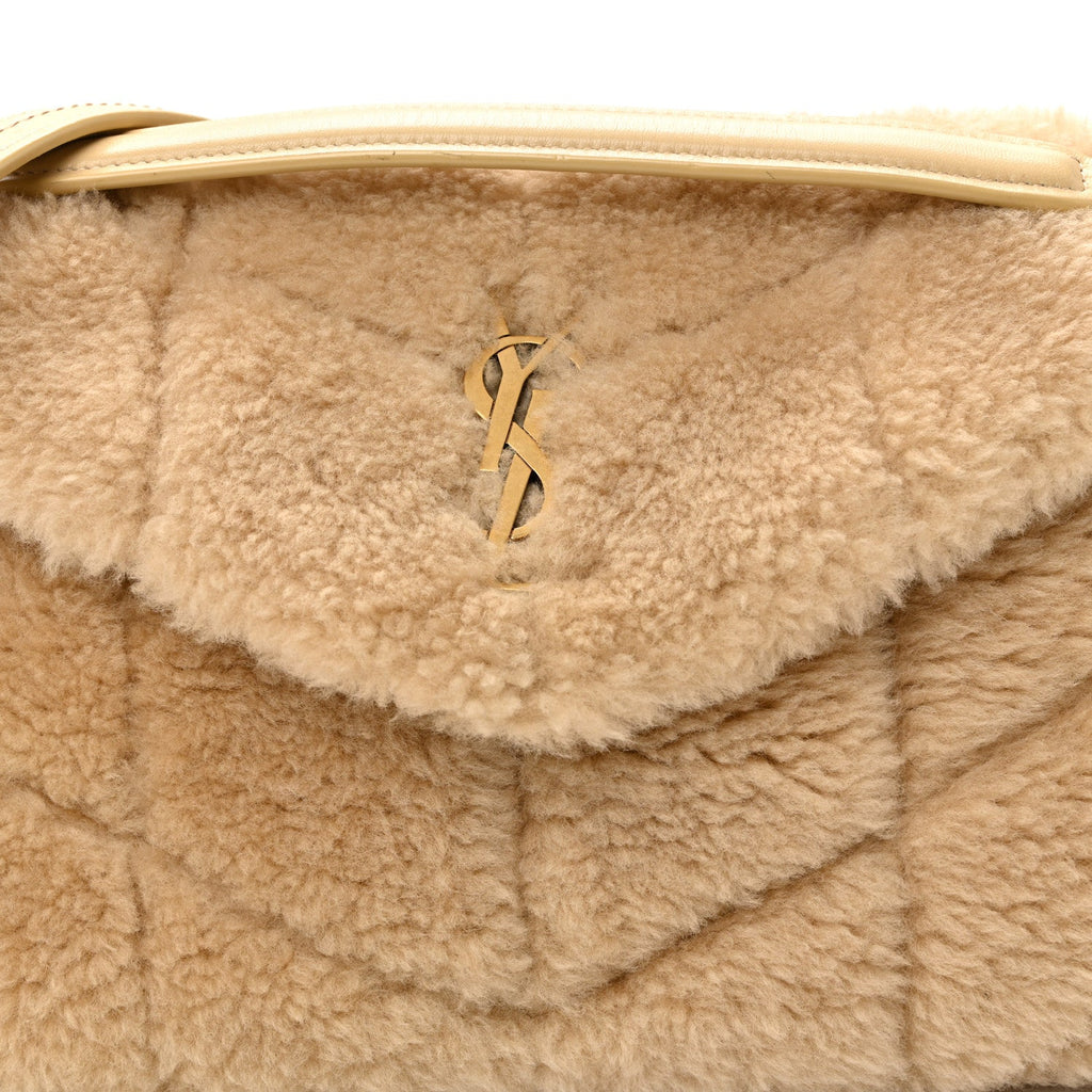 Merino Shearling Lambskin Quilted Small Loulou Puffer Monogram Chain Satchel Natural Beige