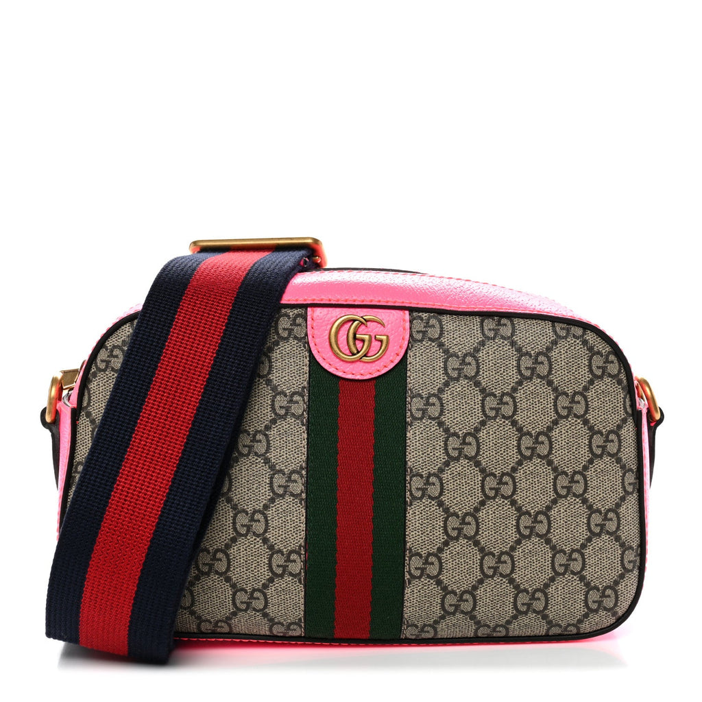 GG Supreme Monogram Textured Dollar Calfskin Web Ophidia Small Crossbody Bag Beige Ebony Fuchsia