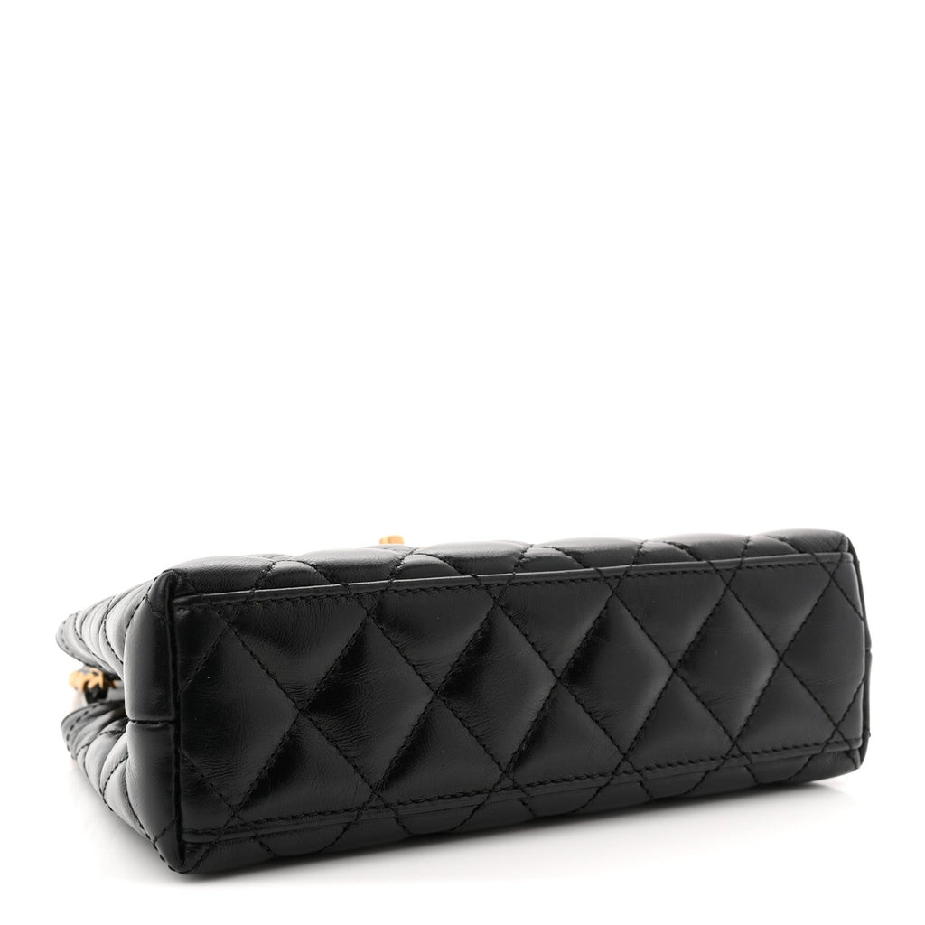 Shiny Aged Calfskin Quilted Nano Kelly Shopper Black