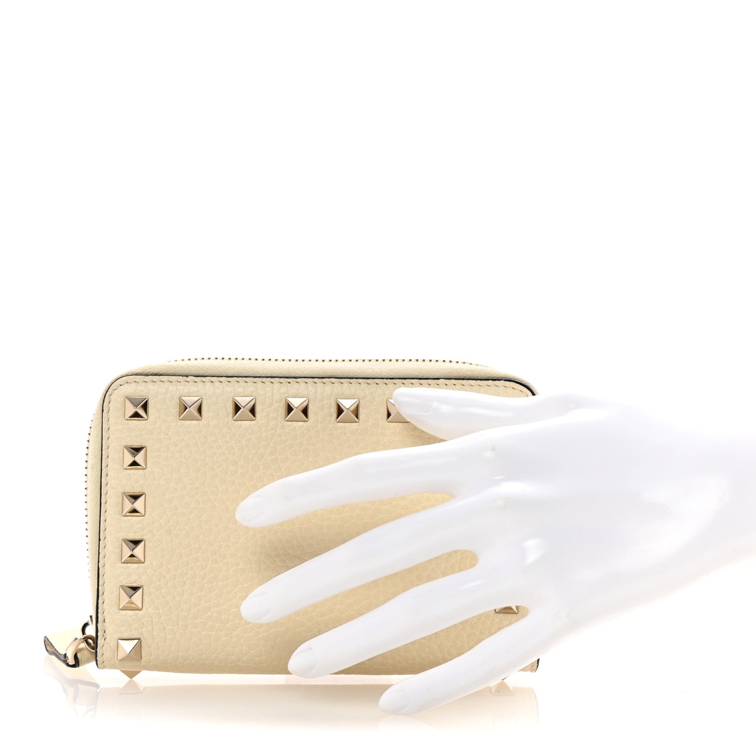 Pebbled Calfskin Rockstud Compact Zip Around Wallet Light Ivory