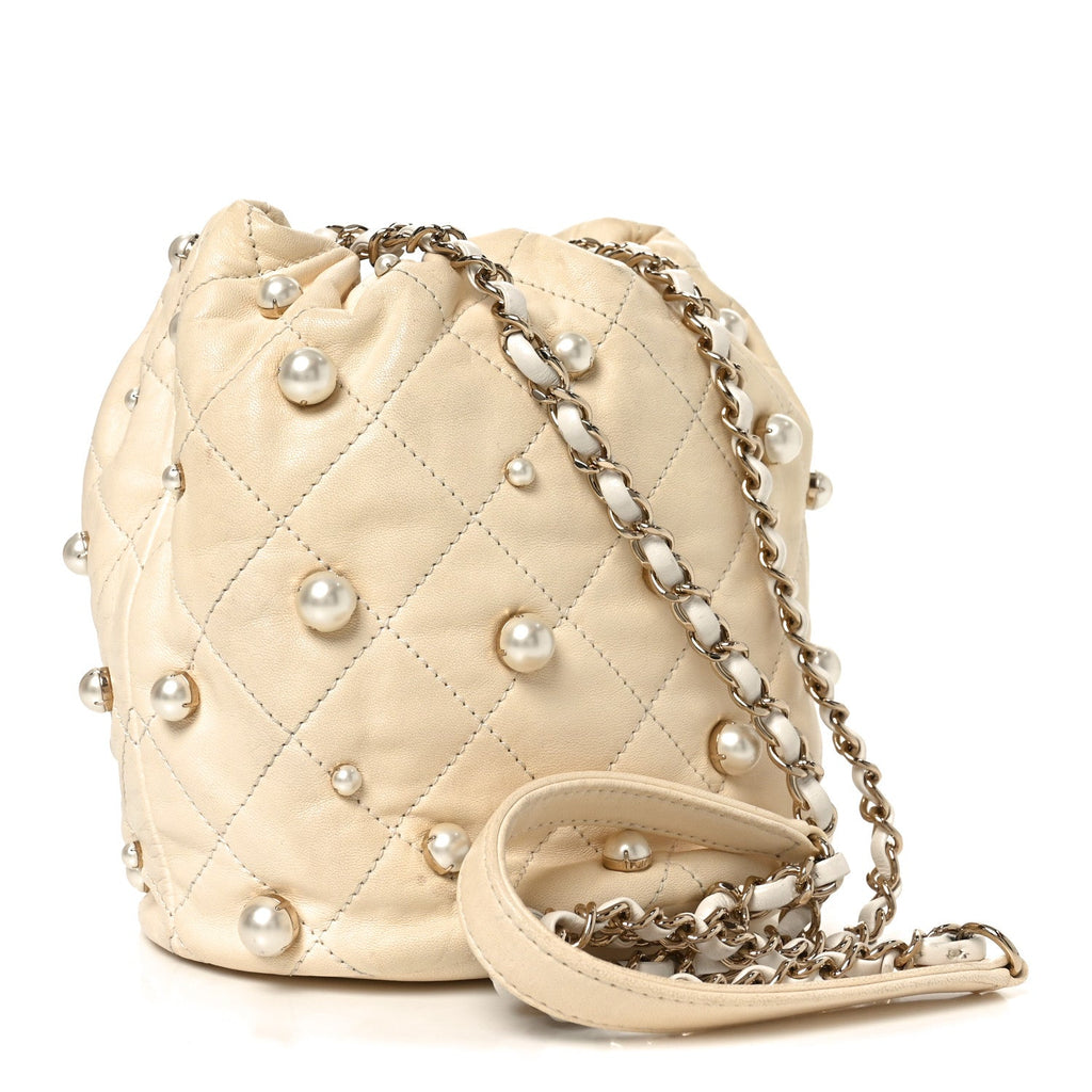 Lambskin Quilted Pearl Mini About Pearls Drawstring Bag White