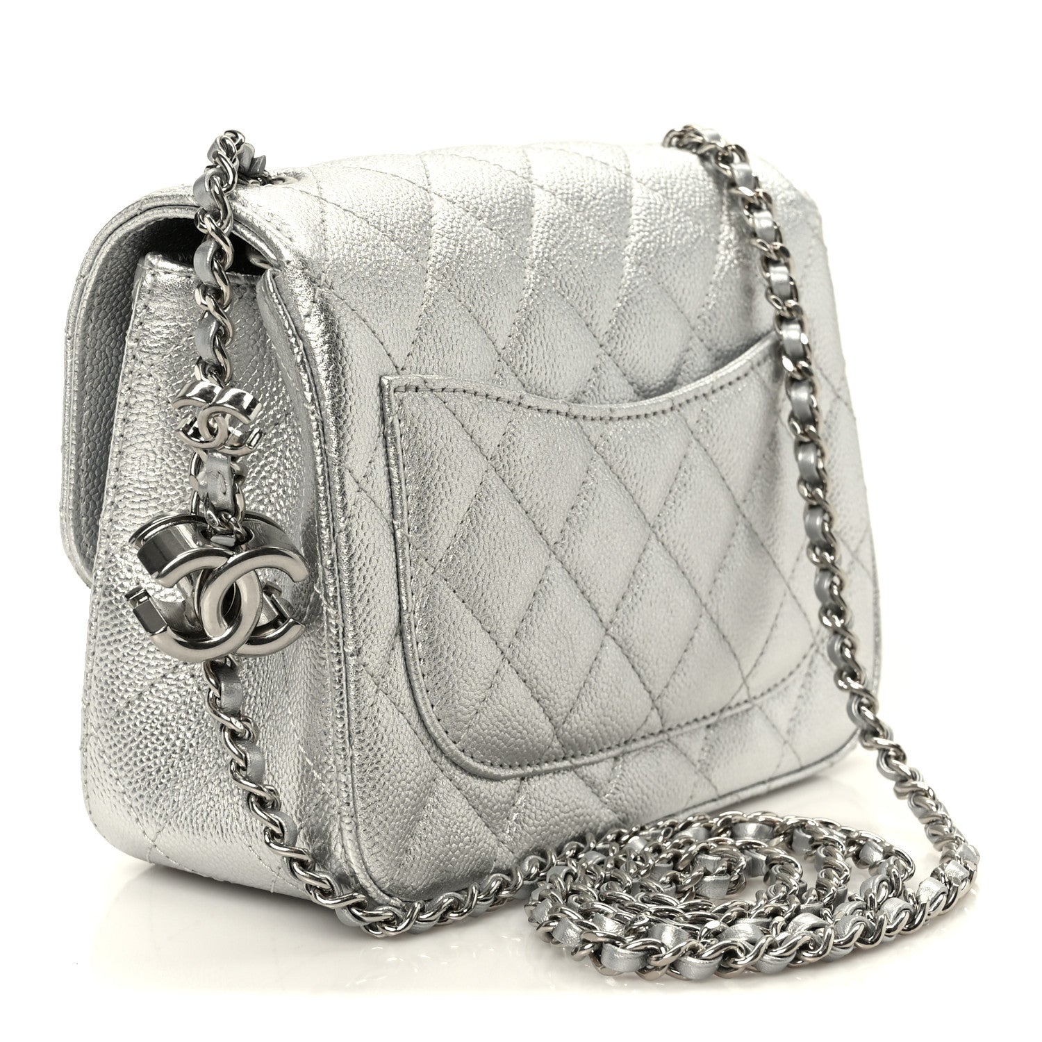 Metallic Caviar Quilted Mini Square CC Slide Flap Silver