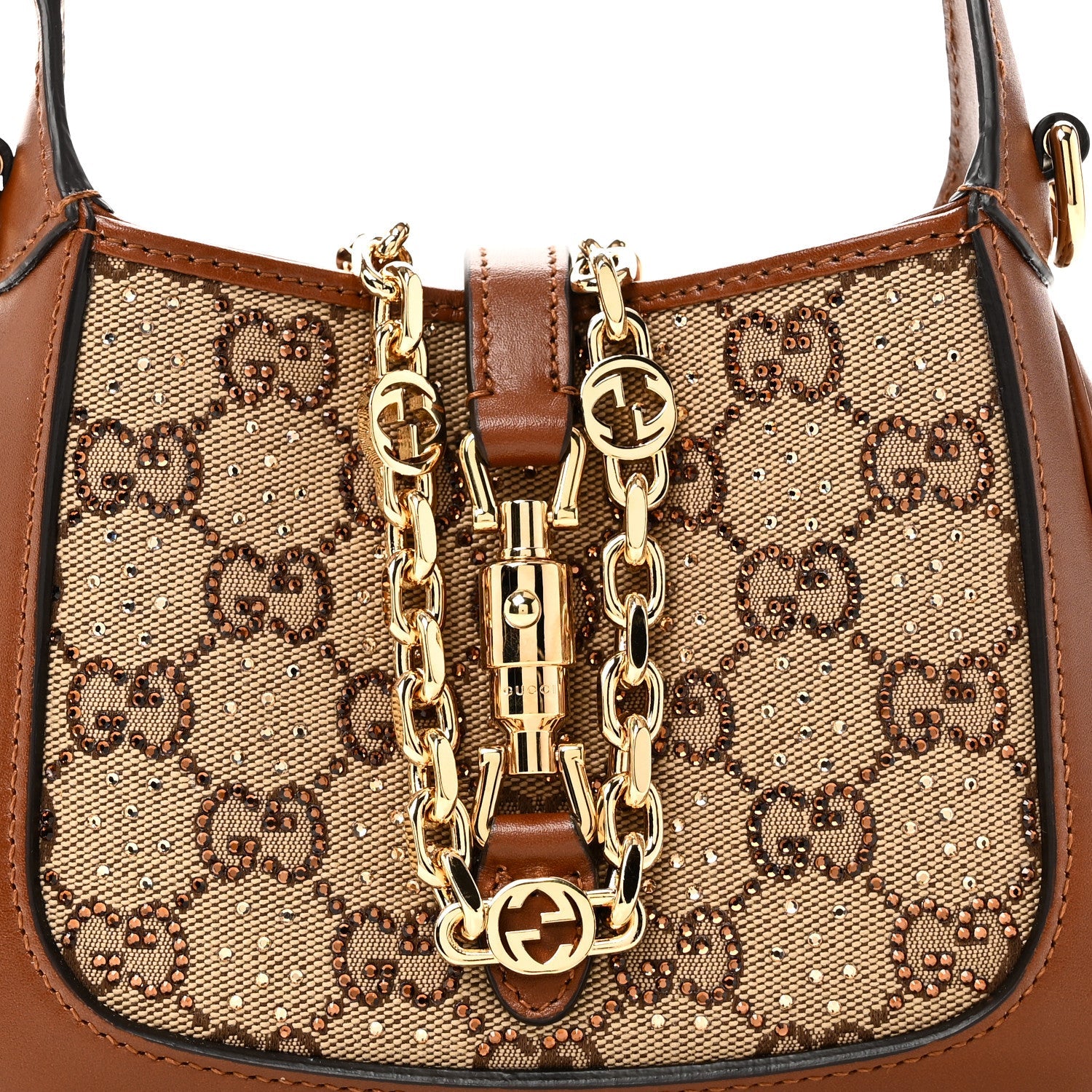 New Canvas Charisma Calfskin Crystal GG Monogram Mini Jackie 1961 Hobo Camel Ebony