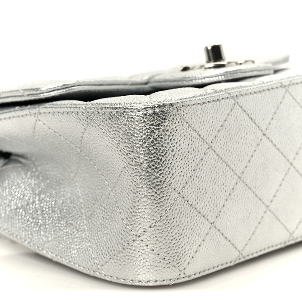 Metallic Caviar Quilted Mini Square CC Slide Flap Silver