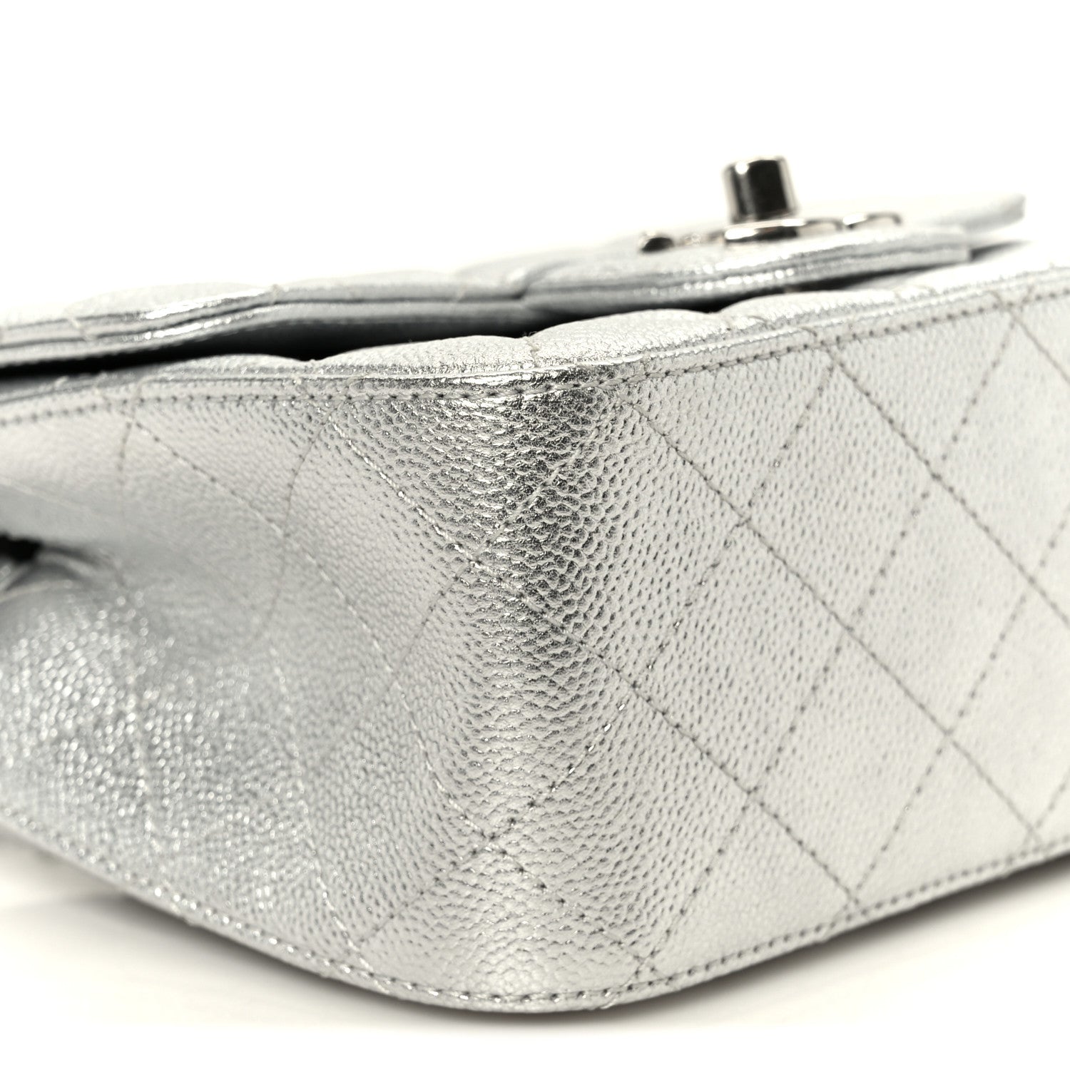 Metallic Caviar Quilted Mini Square CC Slide Flap Silver