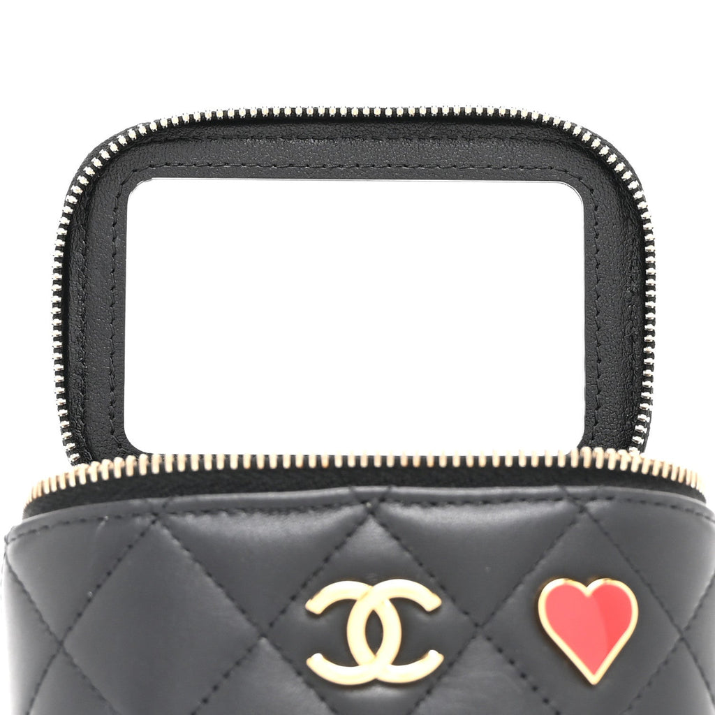 Lambskin Quilted Enamel Coco Casino Mini Vanity Case With Chain Black