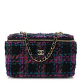 Tweed Quilted Small Vanity Case With Chain Black Purple Green Red