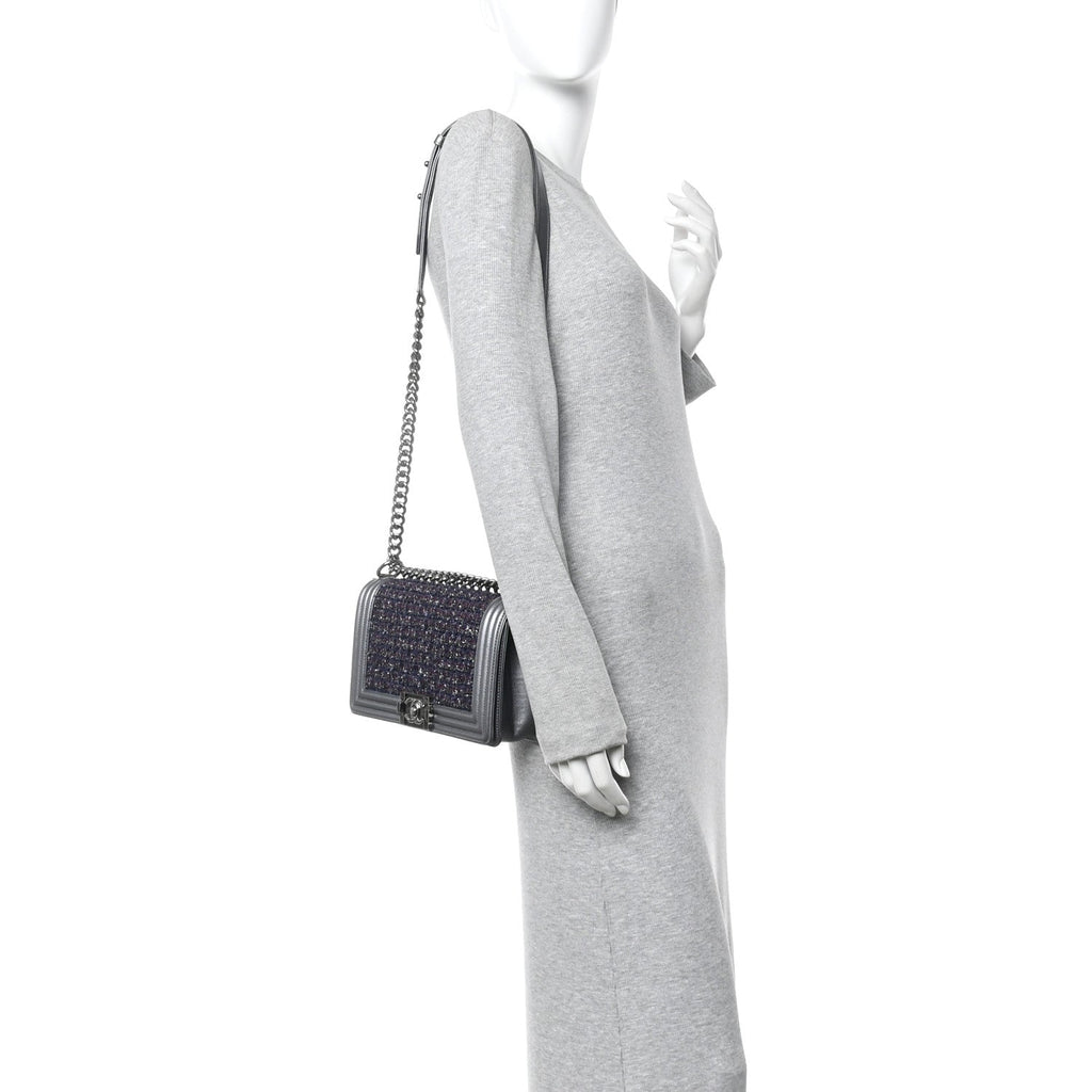 Tweed Metallic Lambskin Medium Boy Flap Silver