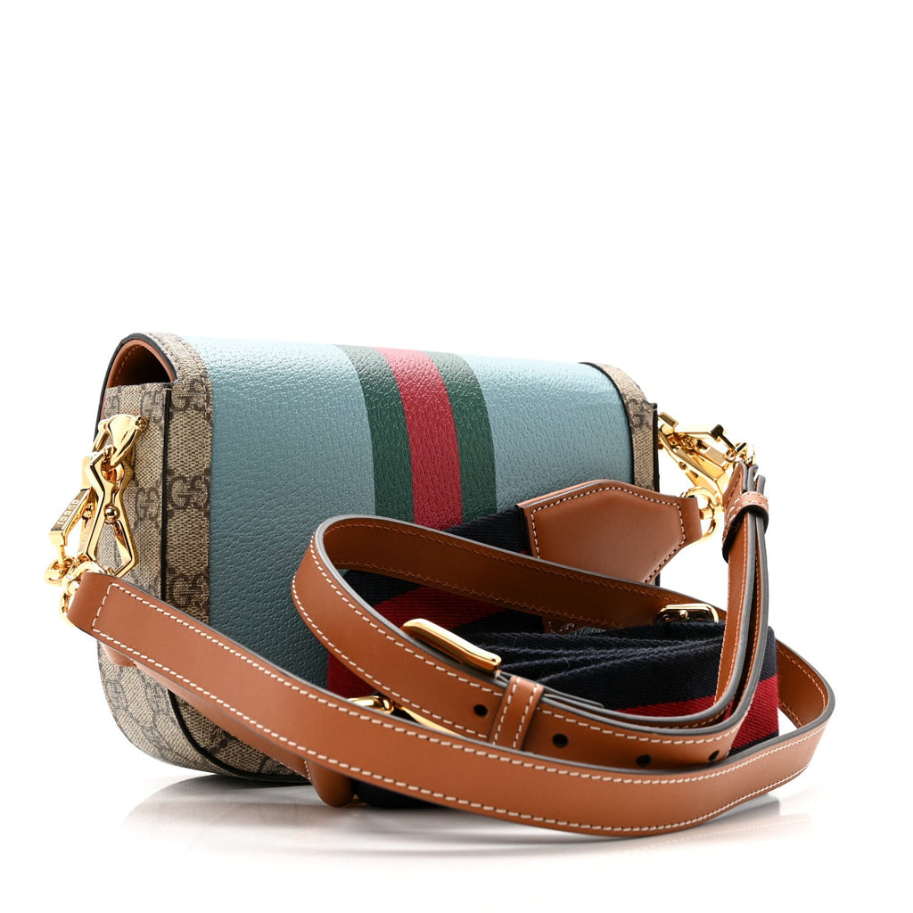 X DANS LE VERT Textured Dollar Calfskin GG Supreme Monogram Web Mini Horsebit 1955 Shoulder Bag Dusty Azure Beige Ebony