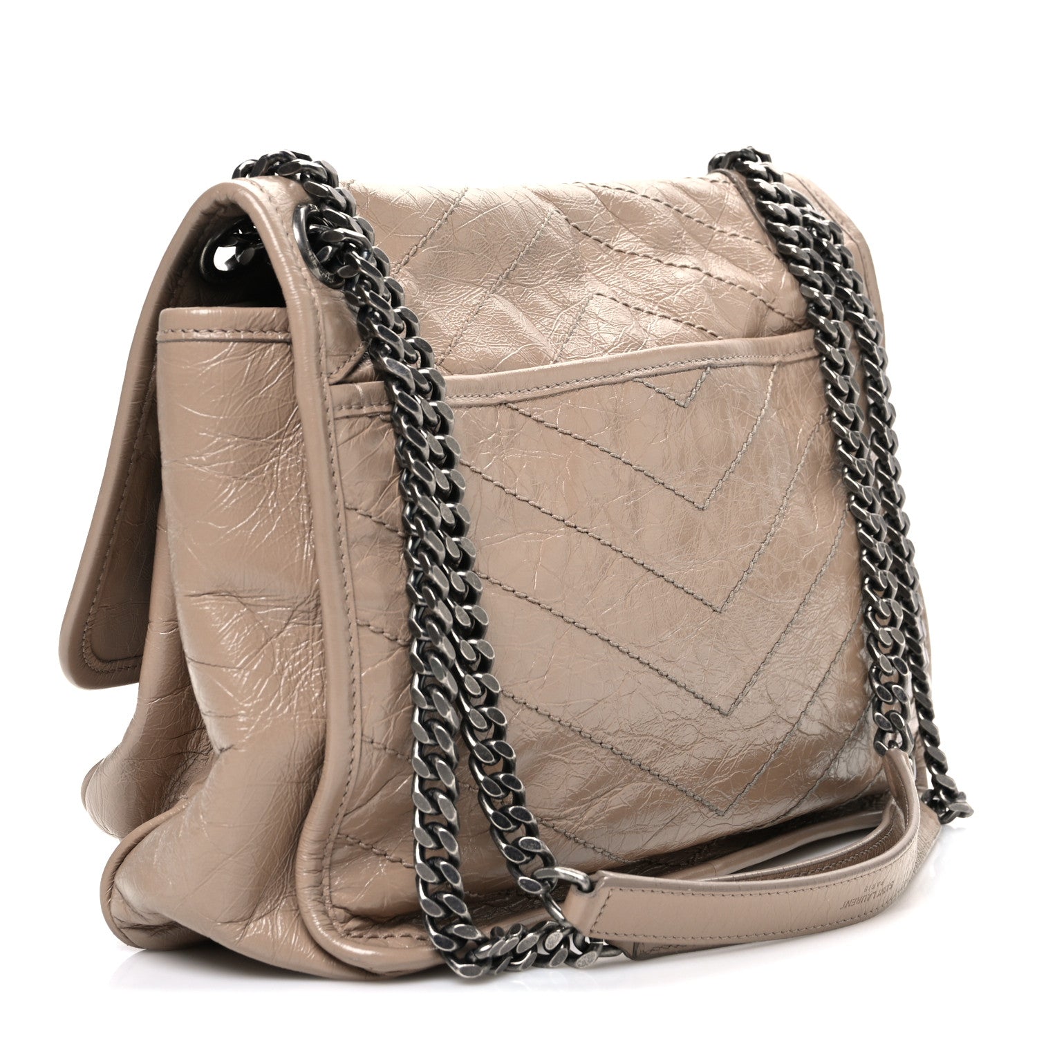 Crinkled Calfskin Matelasse Monogram Medium Niki Chain Satchel Light Taupe