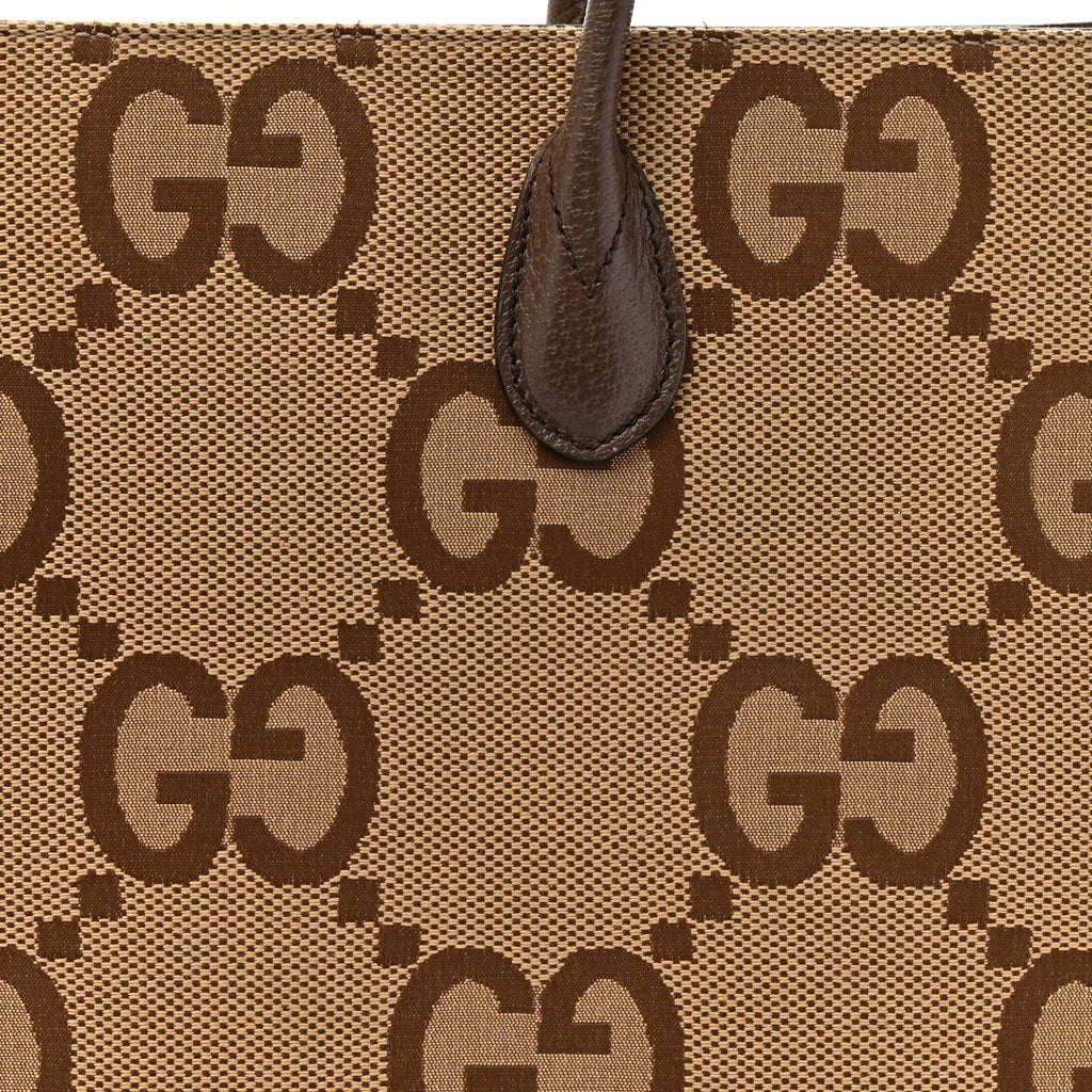 Monogram Jumbo GG Textured Dollar Calfskin Web Tote Bag Camel Ebony New Acero