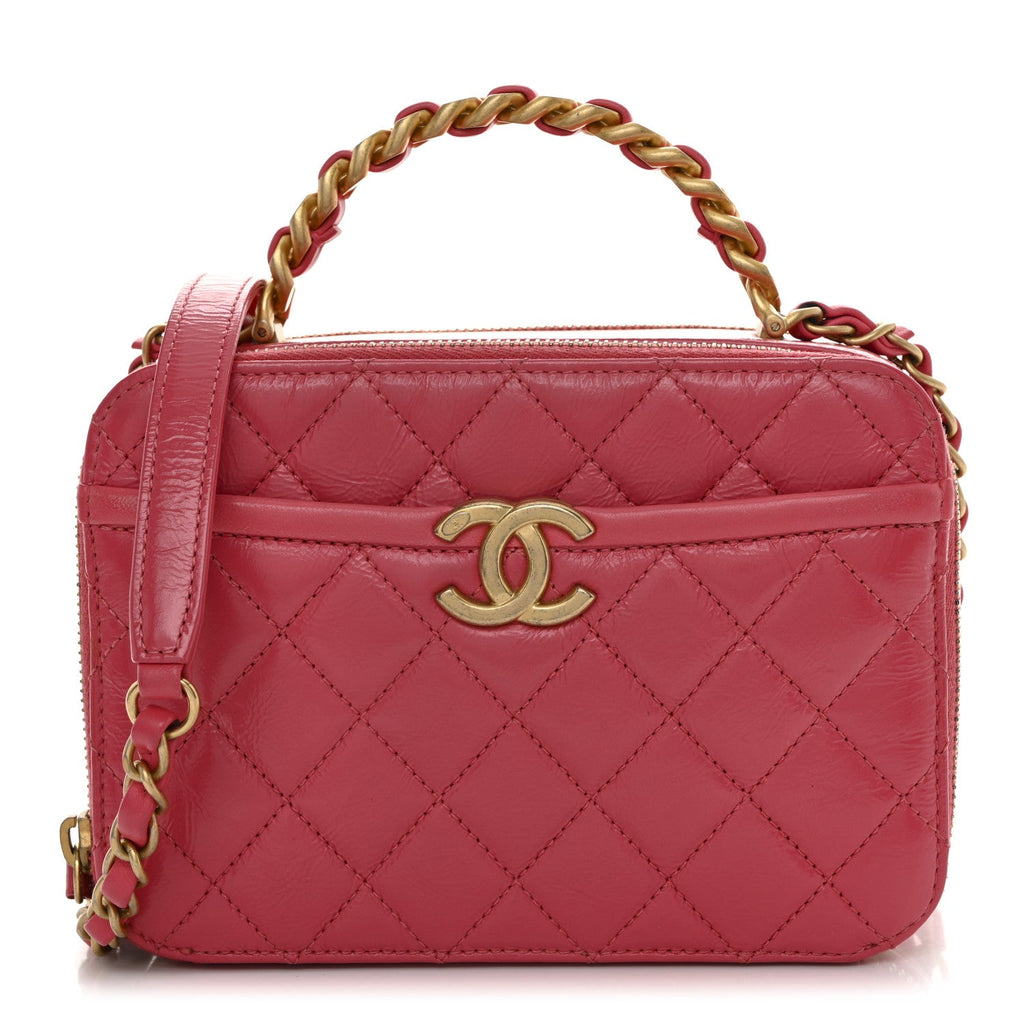 Crumpled Calfskin Quilted Small Get Round Top Handle Vanity Case Pink