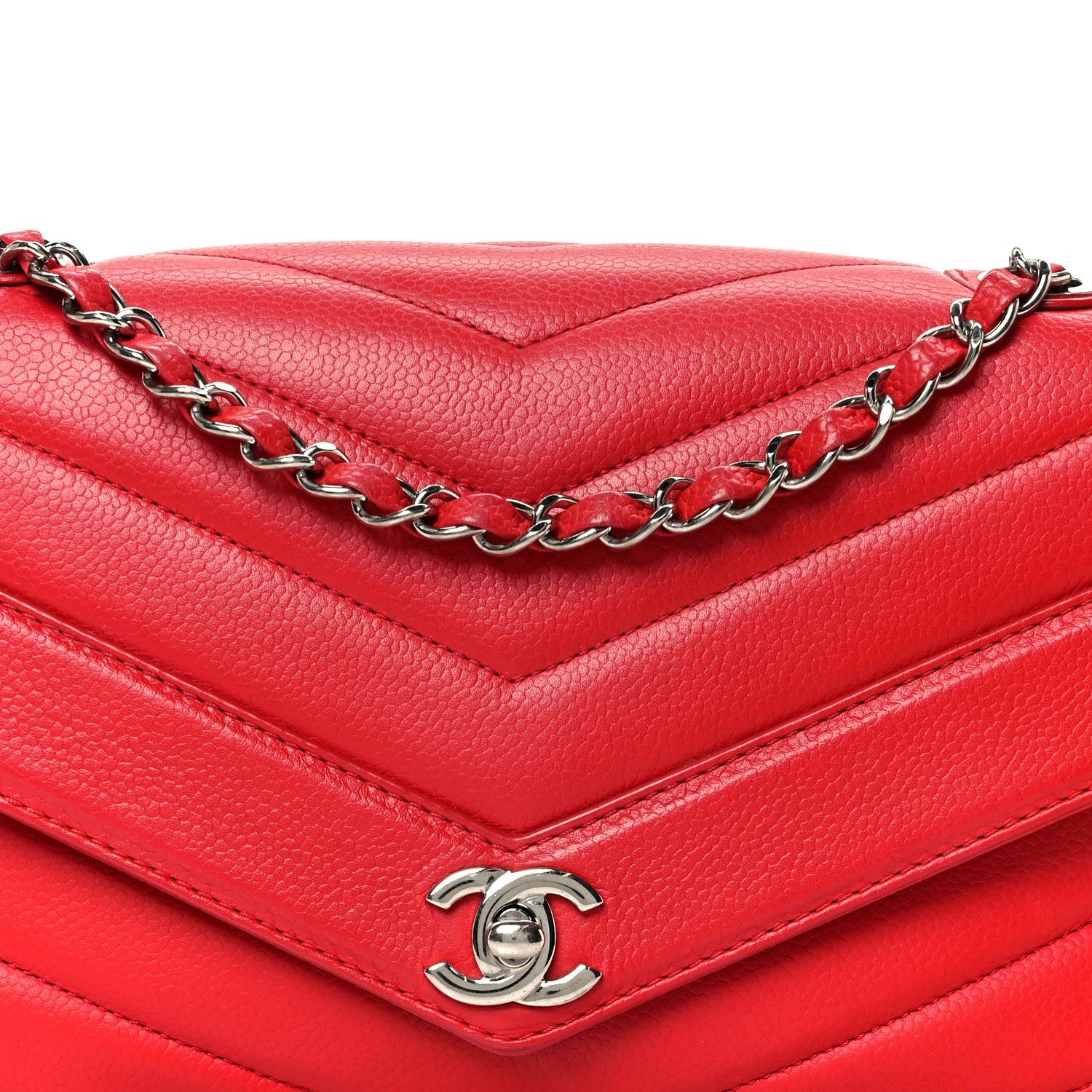 Caviar Chevron Quilted Single Flap Red
