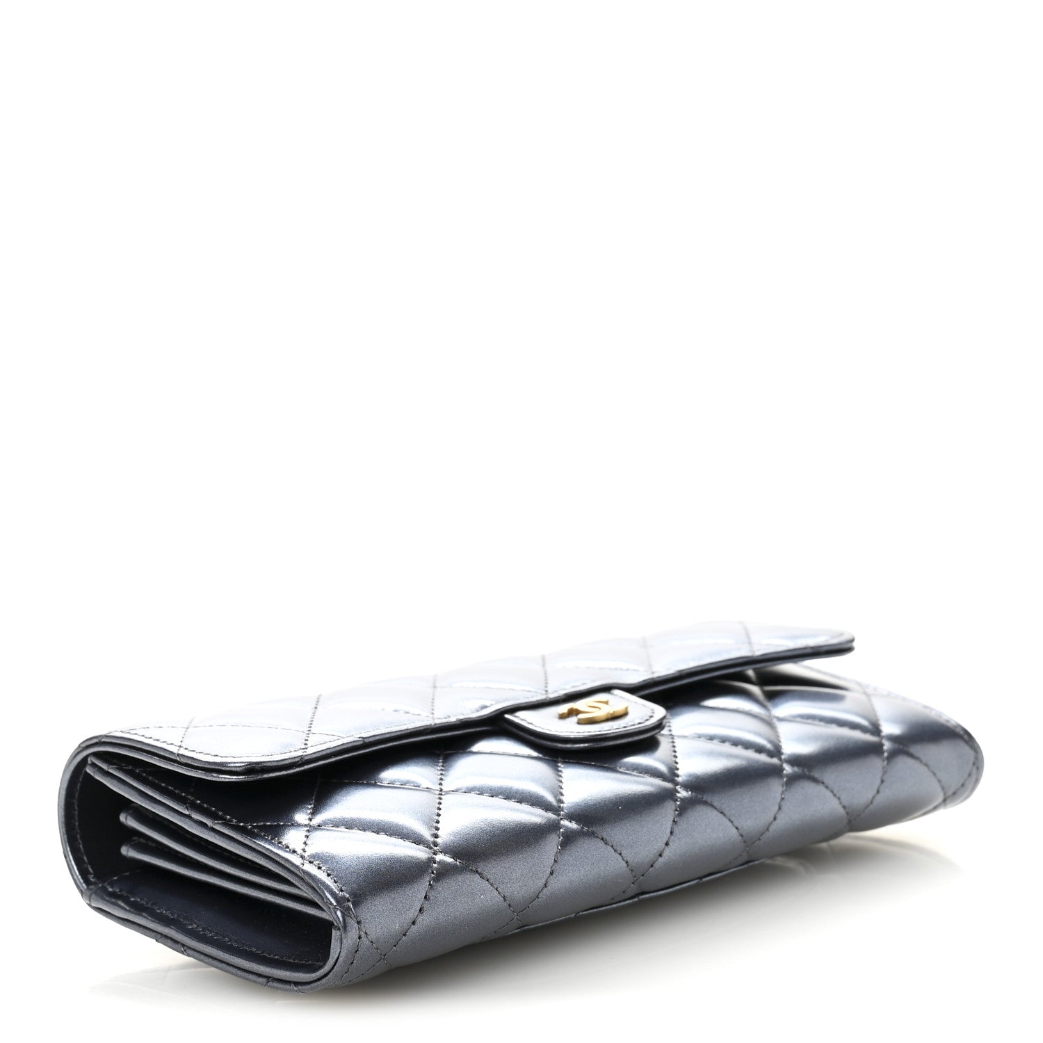 Metallic Lambskin Quilted Large Gusset Flap Wallet Dark Blue