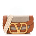 Calfskin Linen Supervee Crossbody Bag Saddle Brown Natural