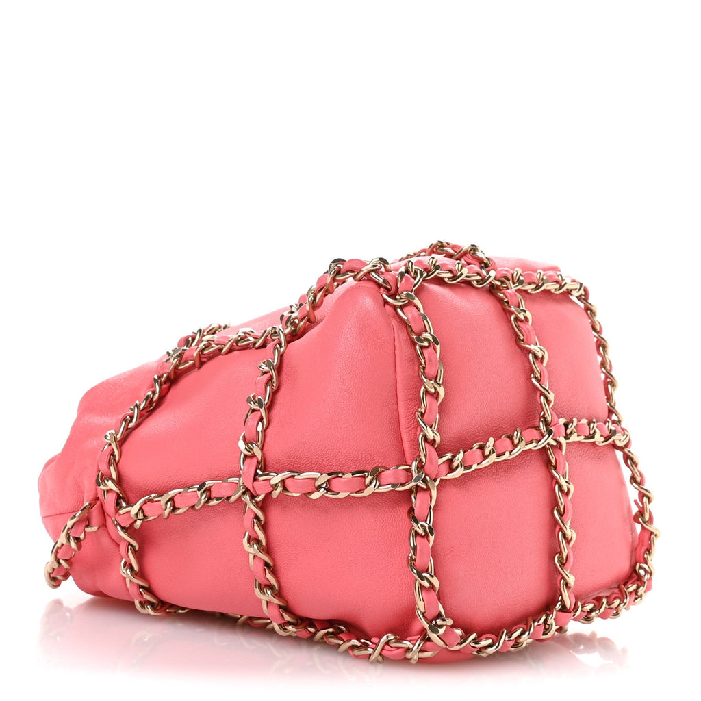 Lambskin Bucket Chain Drawstring Bag Pink