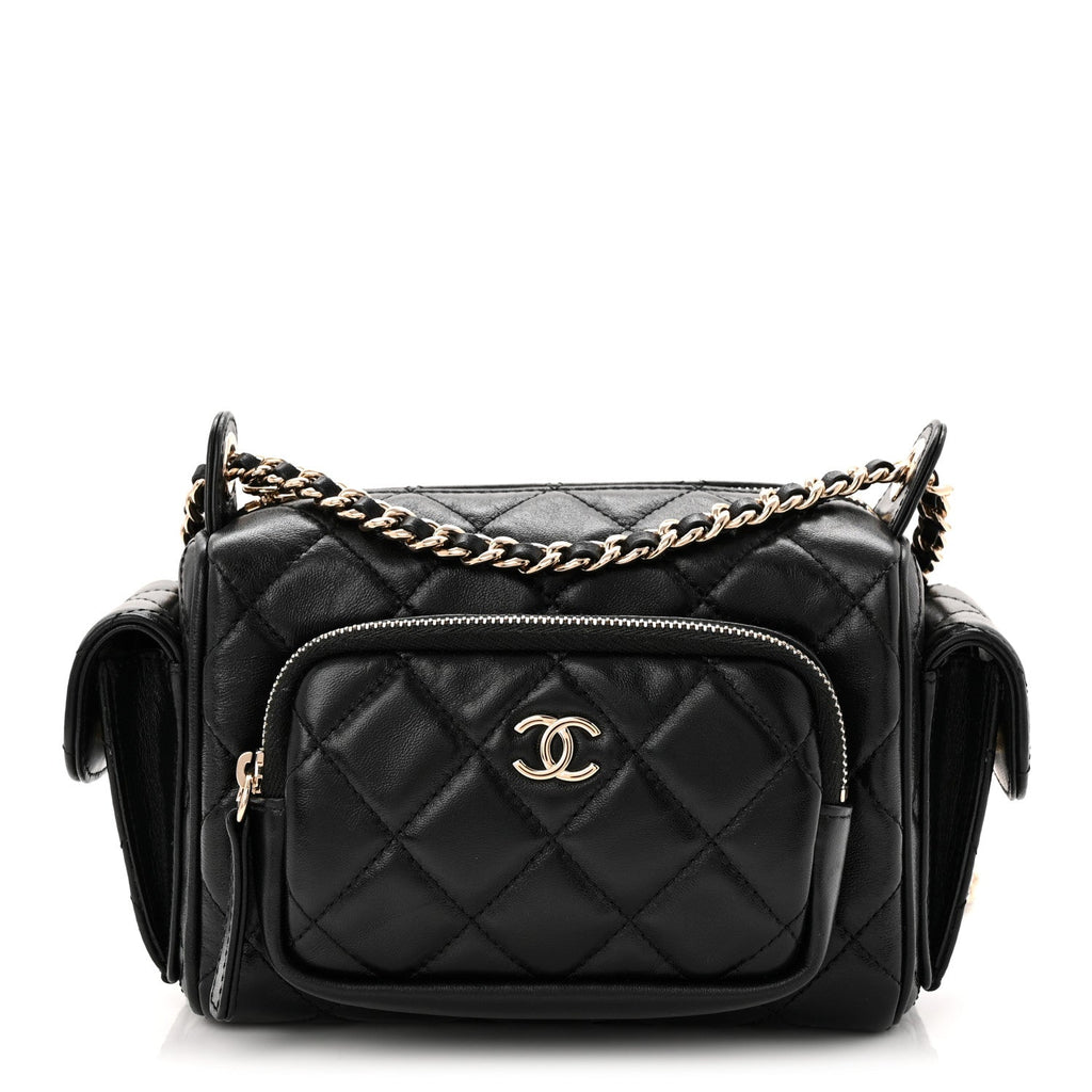 Shiny Crumpled Lambskin Quilted Small Preppy Pocket Camera Case Black